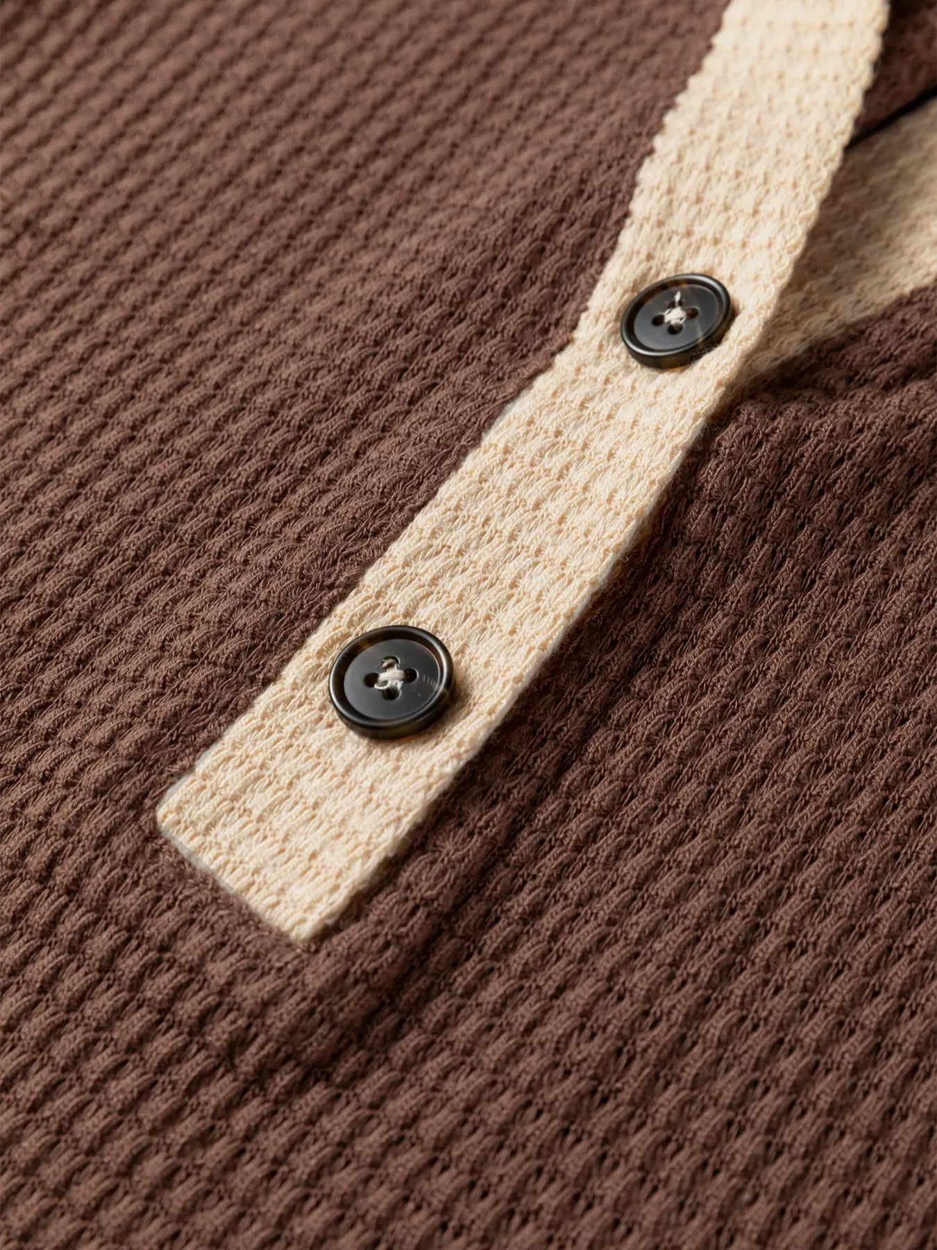 Waffle Contrast Half Buttoned Hooded Pullover Top