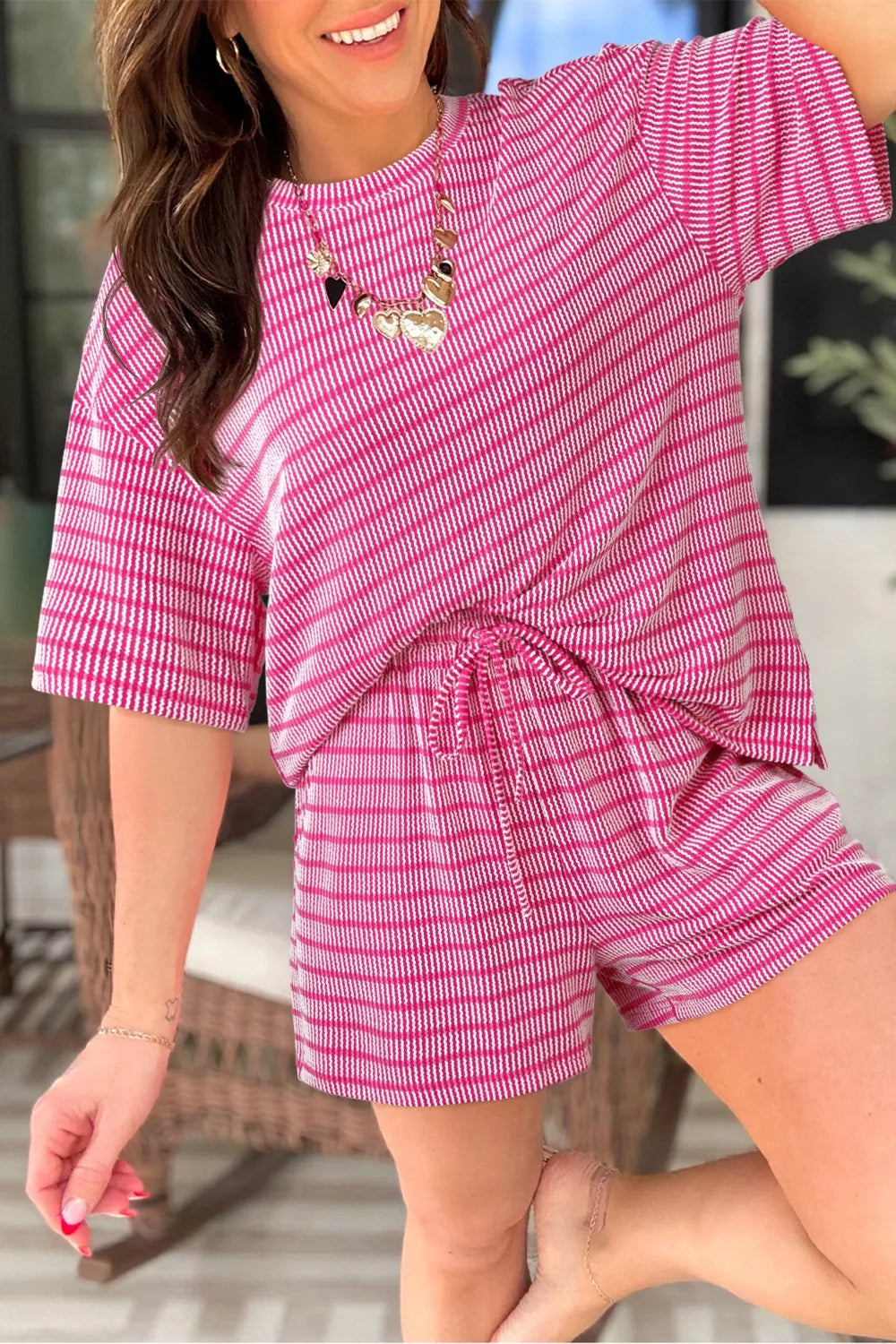 Stripe Raised Rib Loose Tee Drawstring Elastic Waist 2pcs Short Set