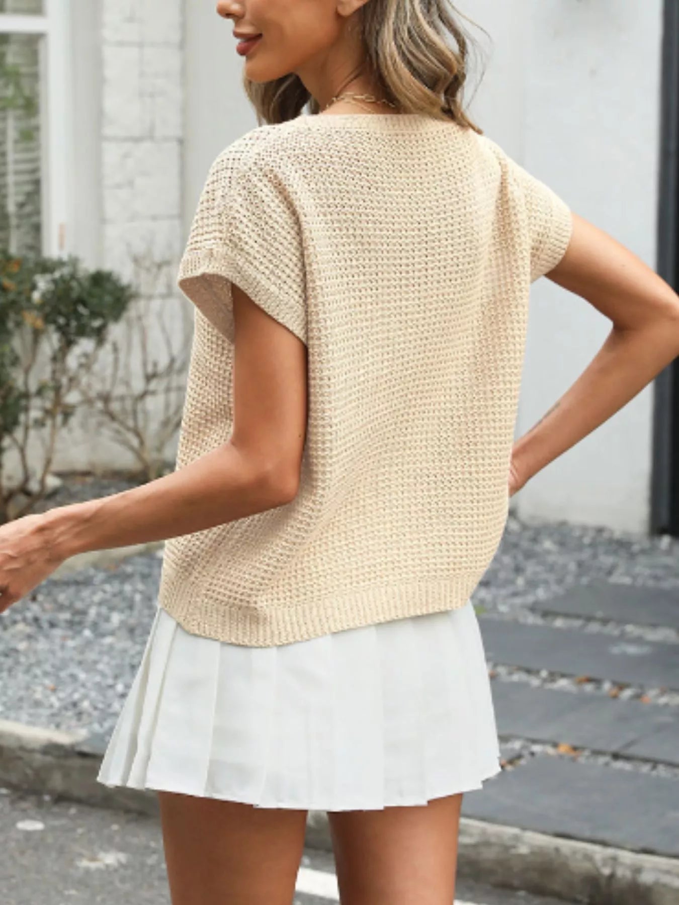 Round Neck Waffle Knit Top