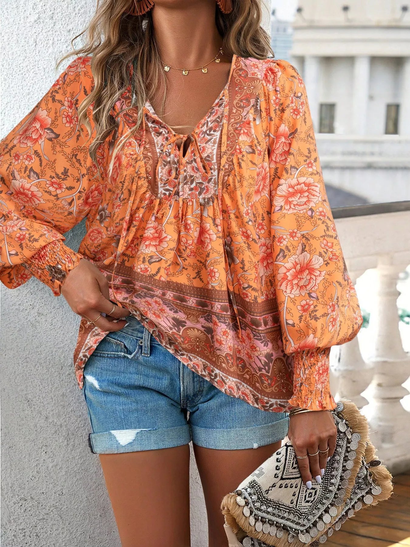 Floral Print Tie Neck Bohemian Blouse