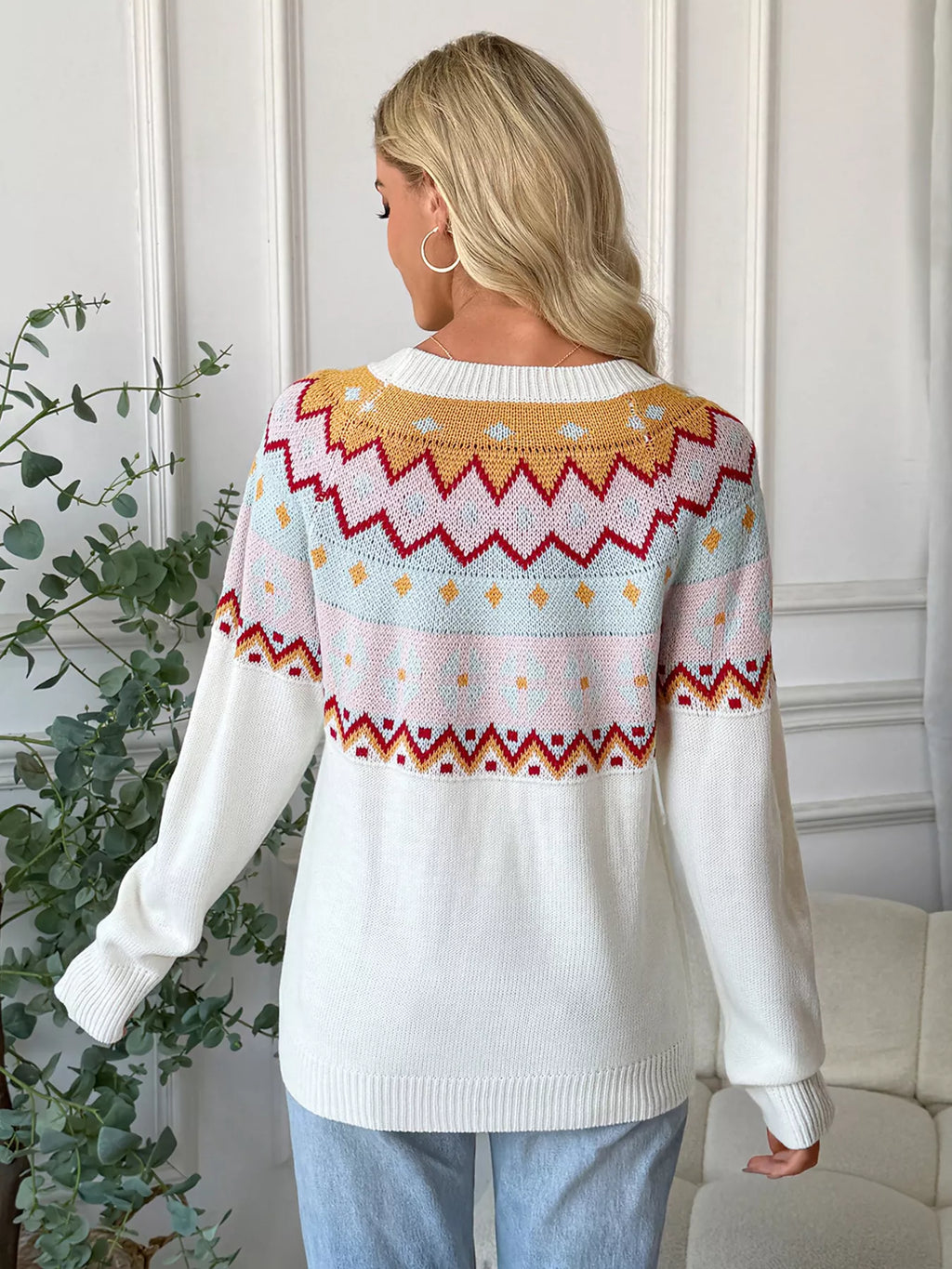 Geometric Round Neck Long Sleeve Sweater
