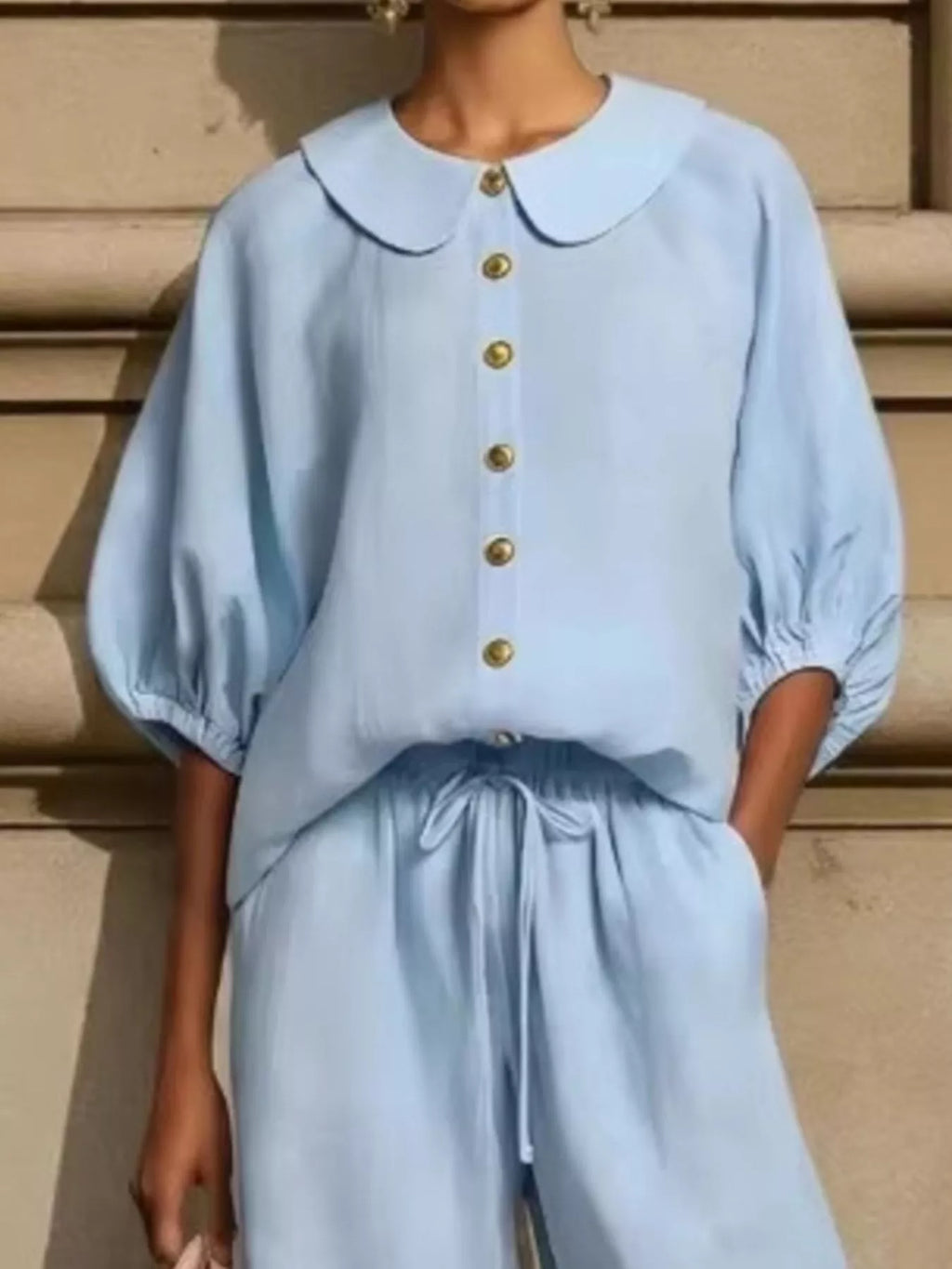 Full Size Button Down Half Sleeve Top and Pants Set Plus Size