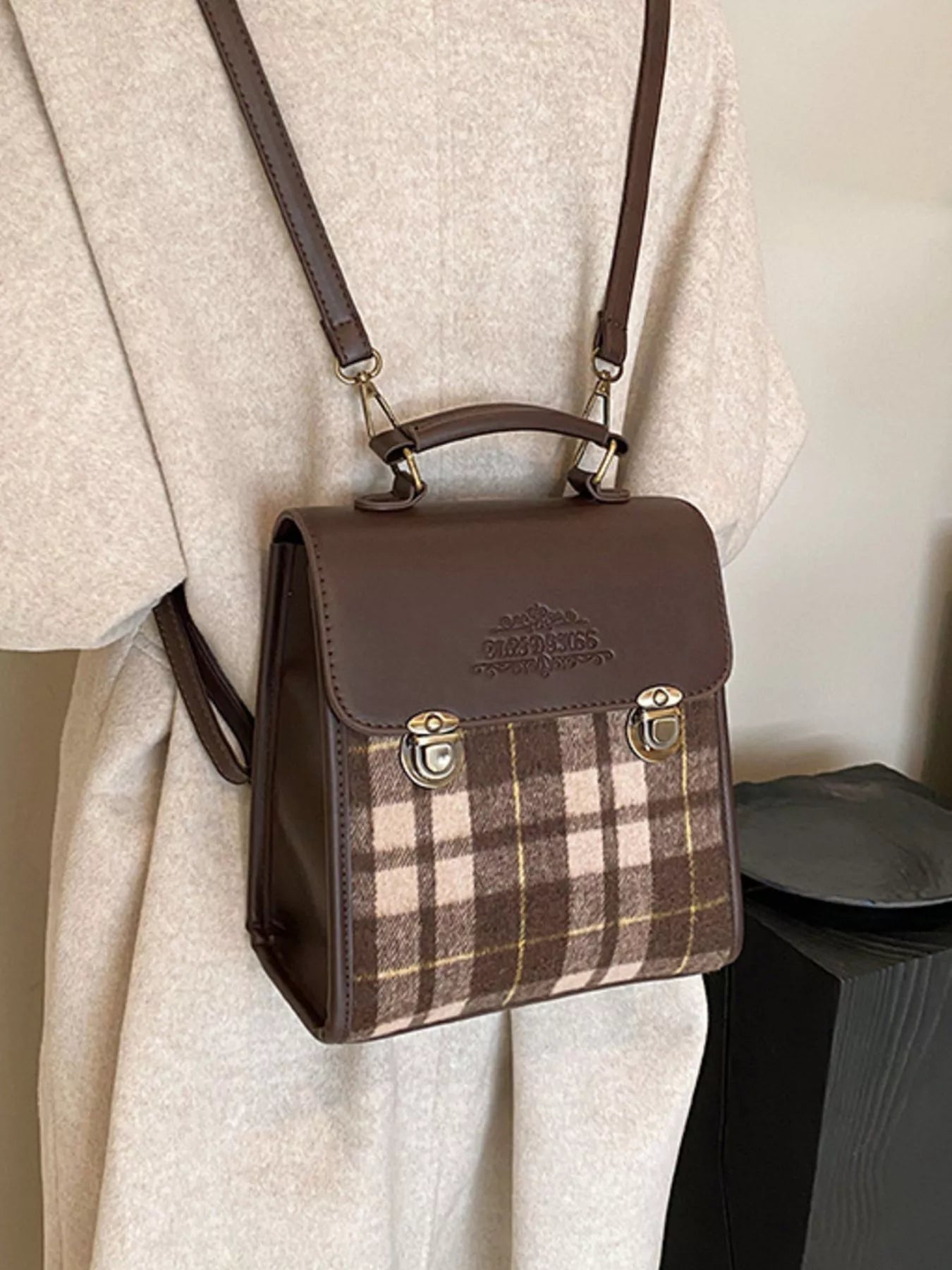 Vintage Plaid Flap Backpack Bag