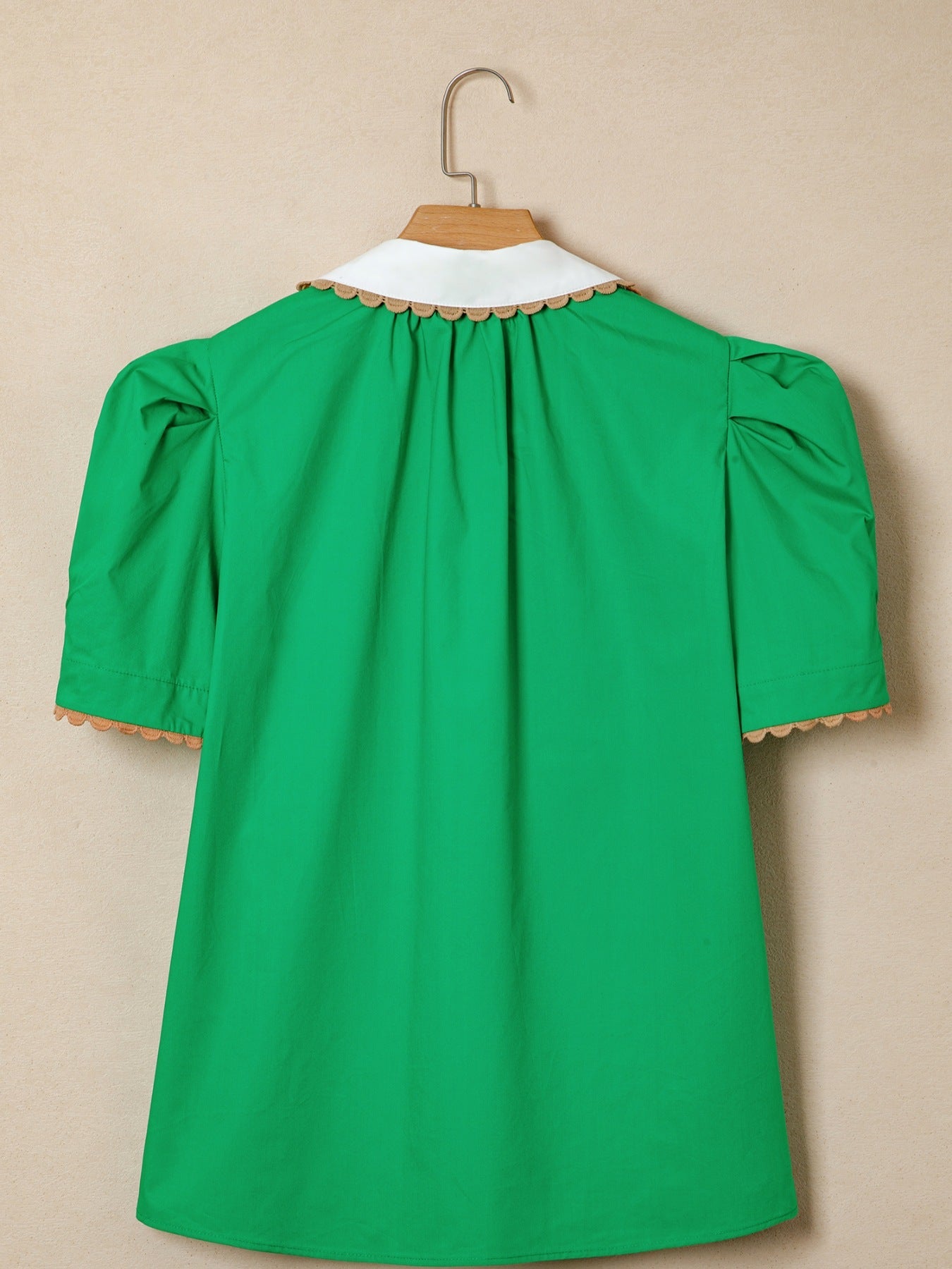 Ricrac Trim Color Block Patchwork Shirt Collar Short Sleeve Blouse