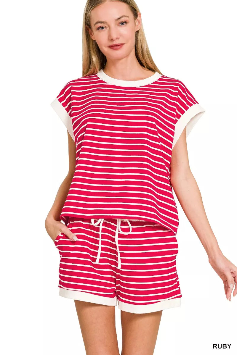 Zenana Stripe Contrast Trim Top & Shorts Set