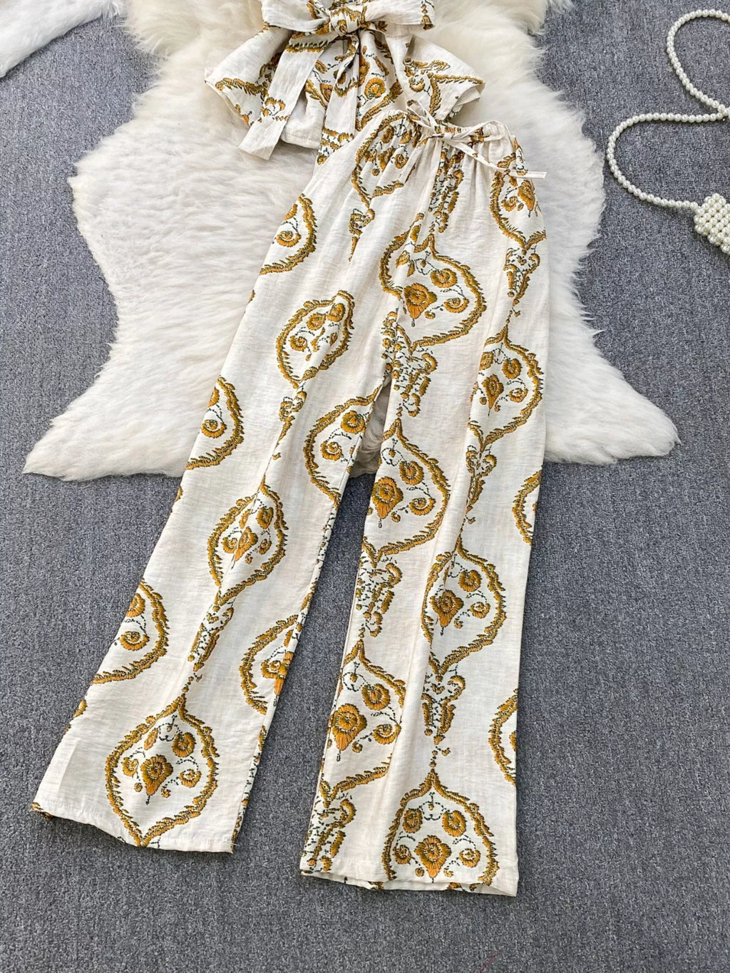 Printed Sleeveless Top and Wide Leg Pants Set