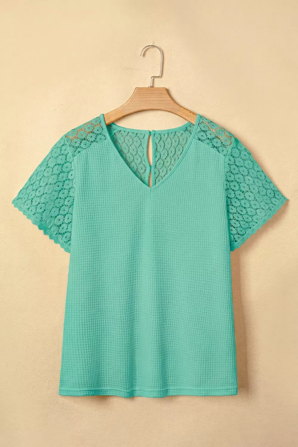 Lace Splicing Button Cutout V Neck Waffle Knit Blouse