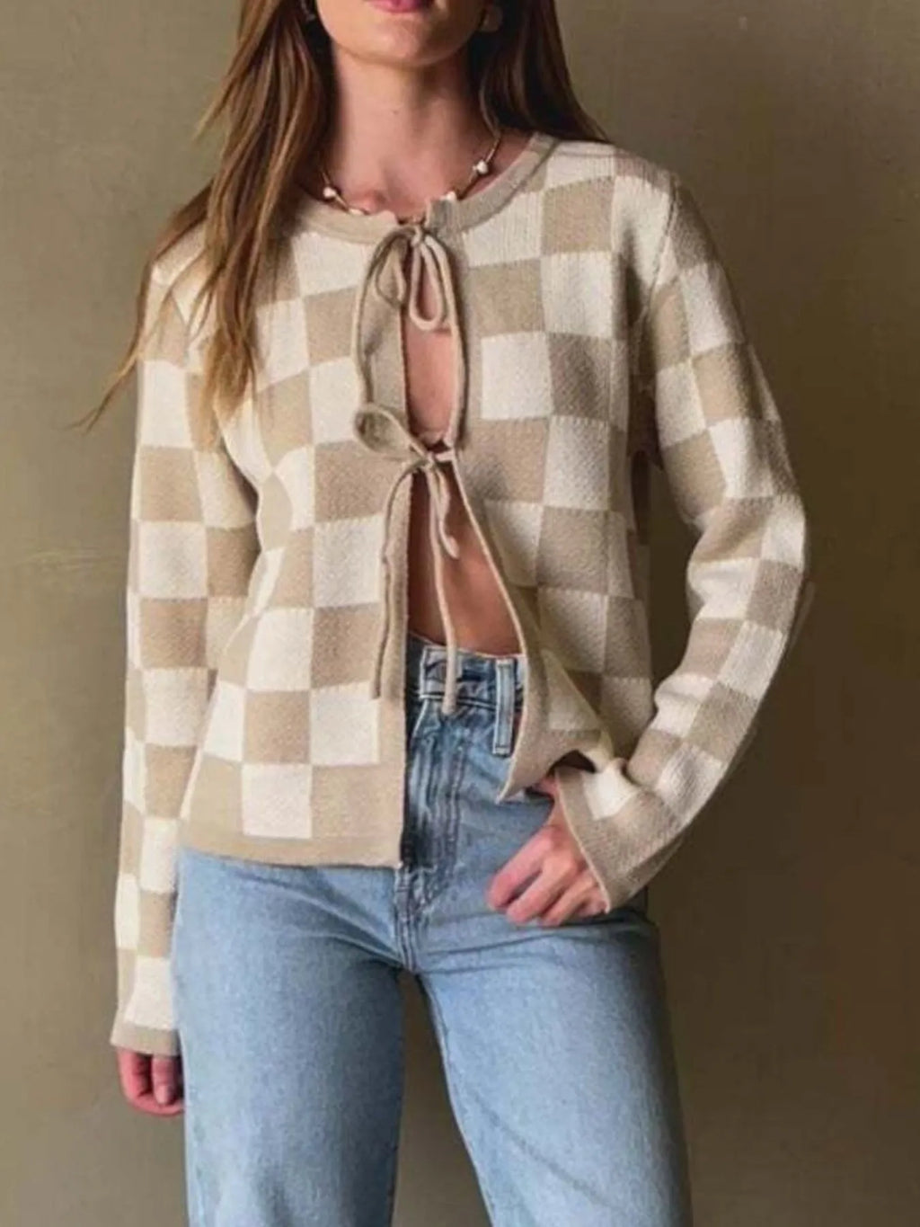 Checkered Tie-Front Cropped Cardigan
