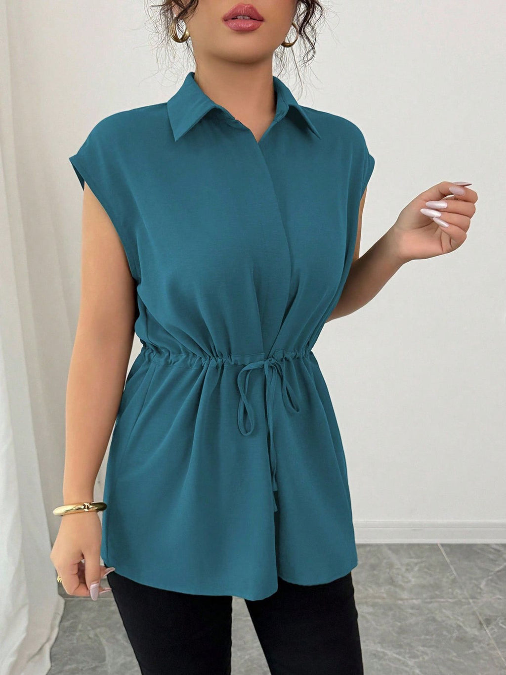 Drawstring Waist Cap Sleeve Shirt