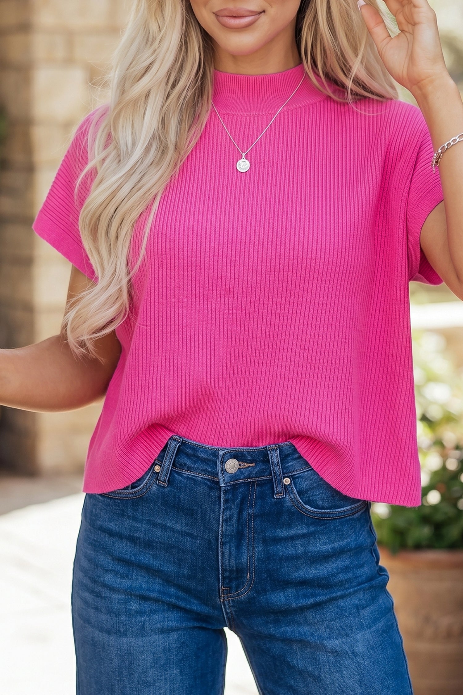 Solid Ribbed Knit Mock Neck Sweater
