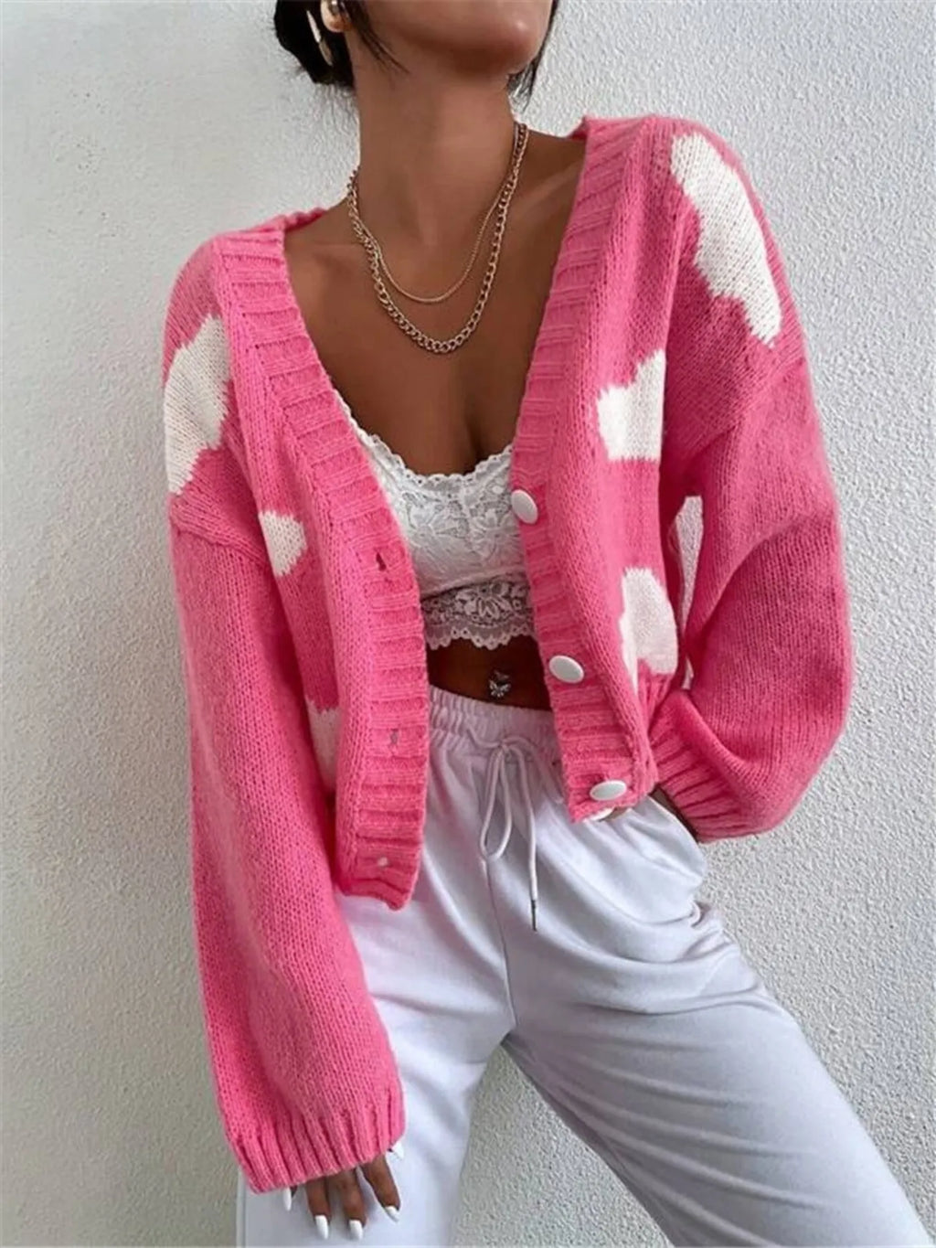 Contrast Cloud Pattern Cropped Button-Up Cardigan