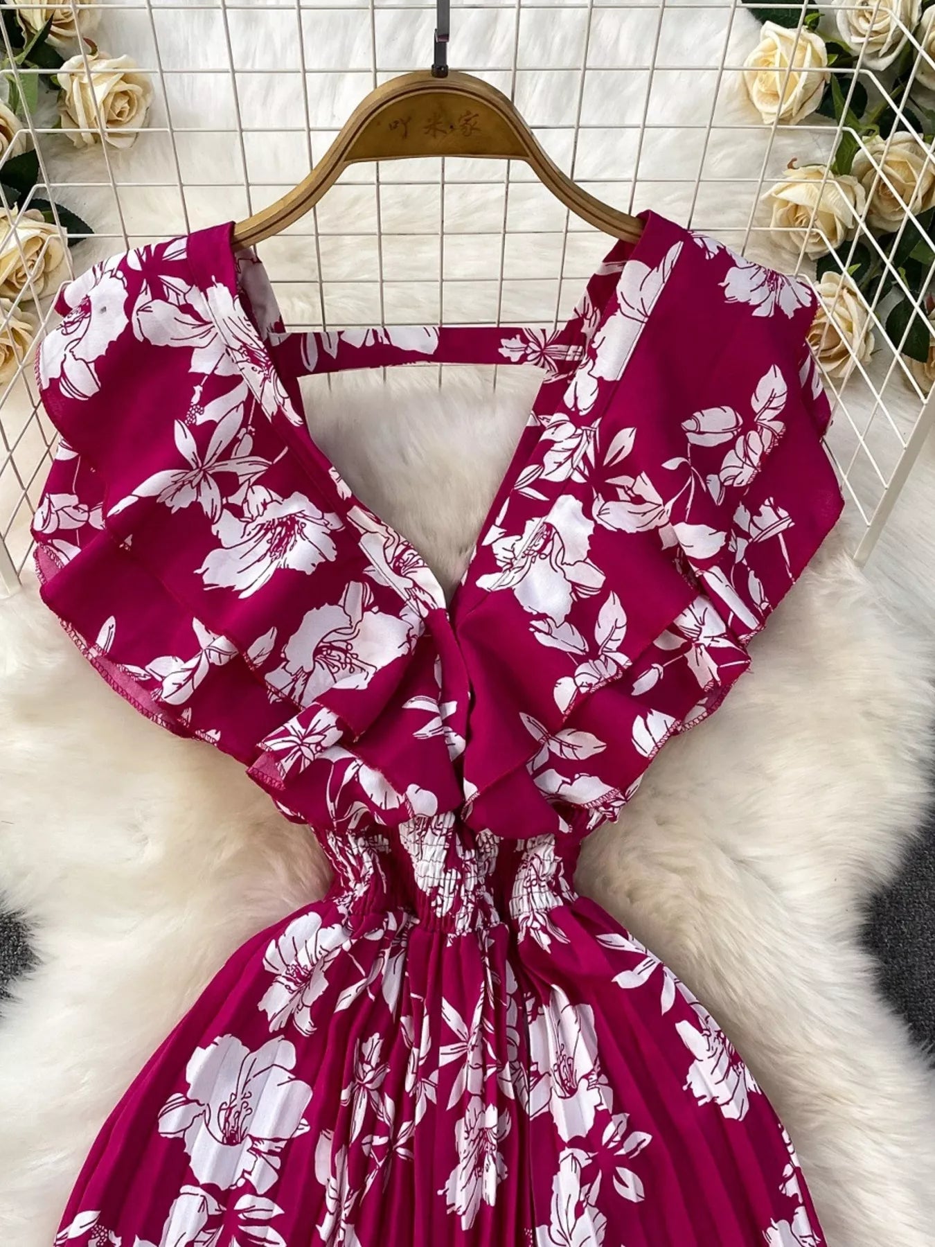 Floral Print Wide Leg Pleated Jumpsuit