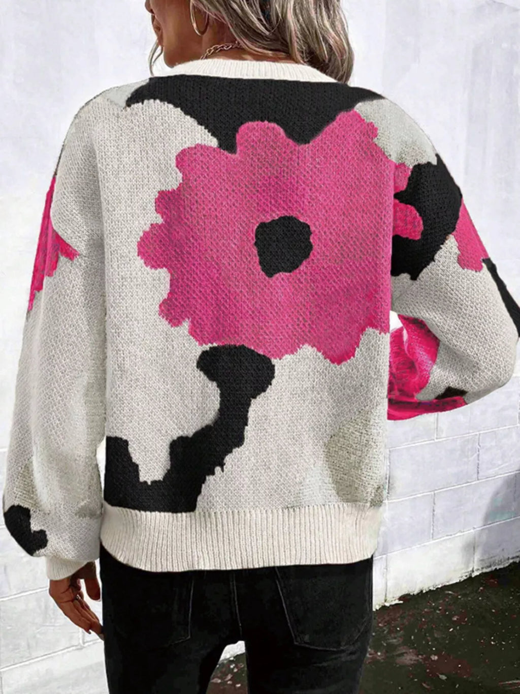 Floral Pattern Round Neck Sweater