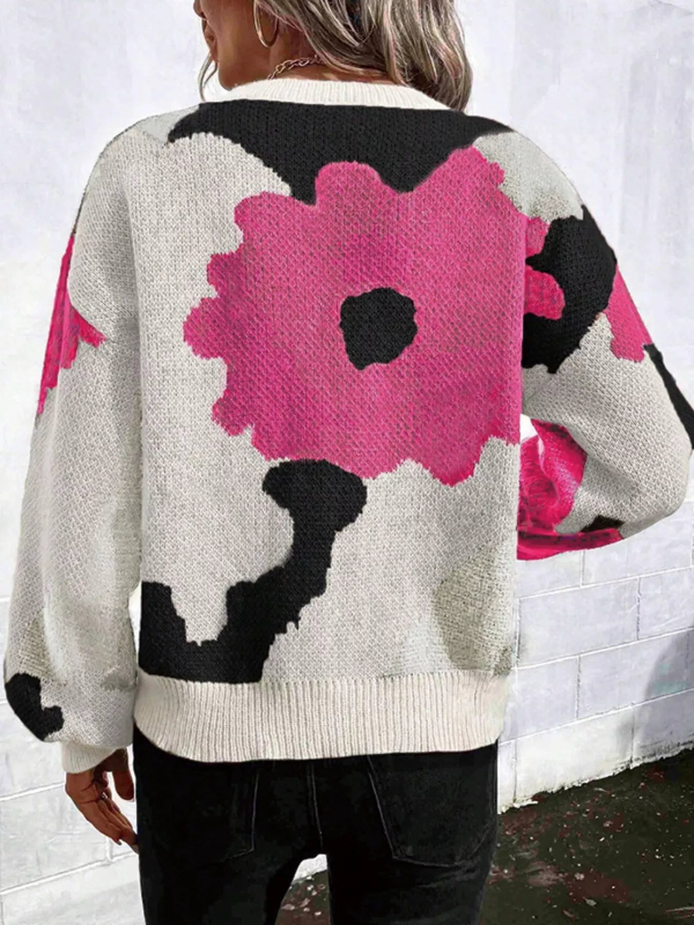 Floral Pattern Round Neck Sweater