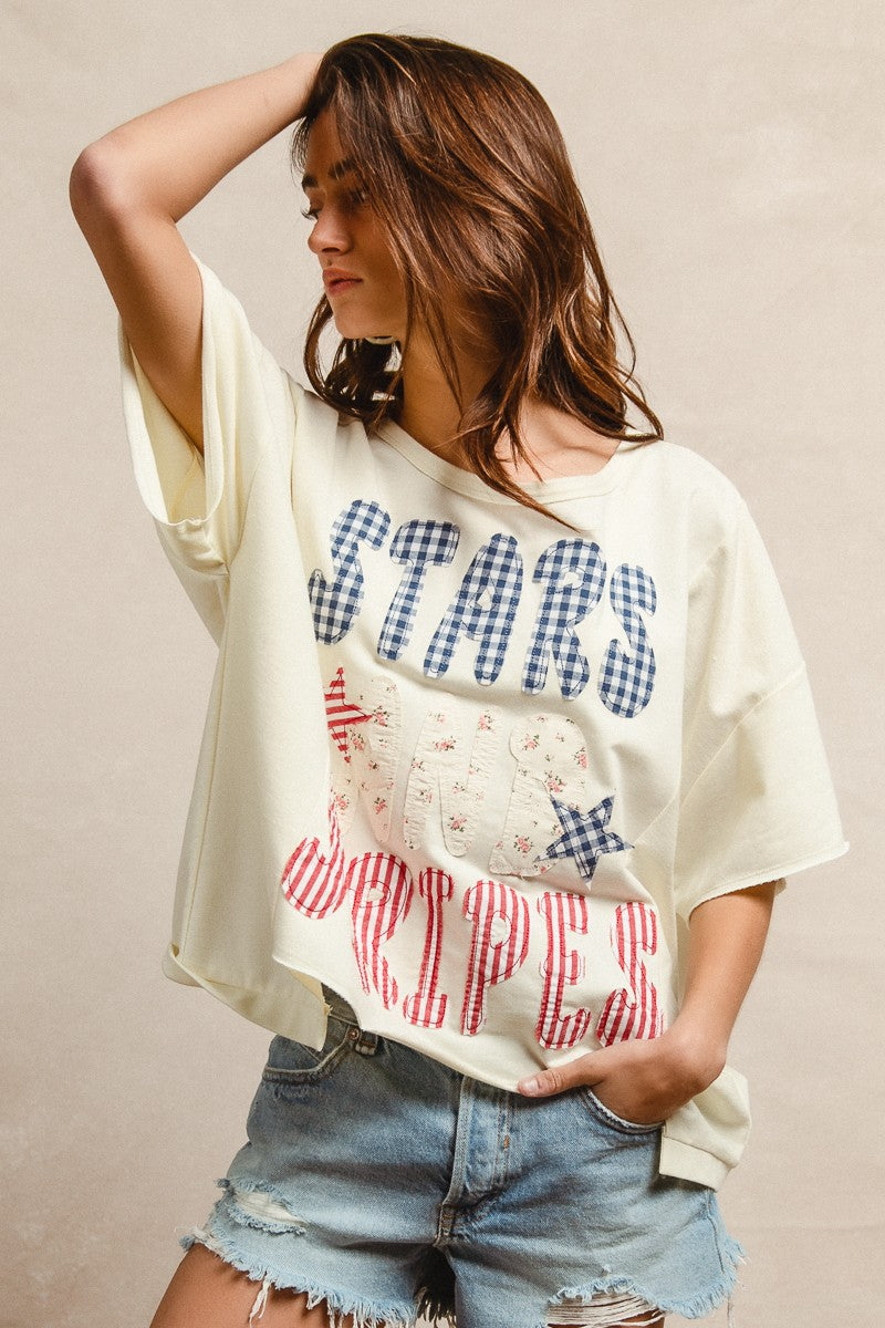 BiBi Mix And Match Stars And Stripes Patchwork Short Sleeve T-Shirt