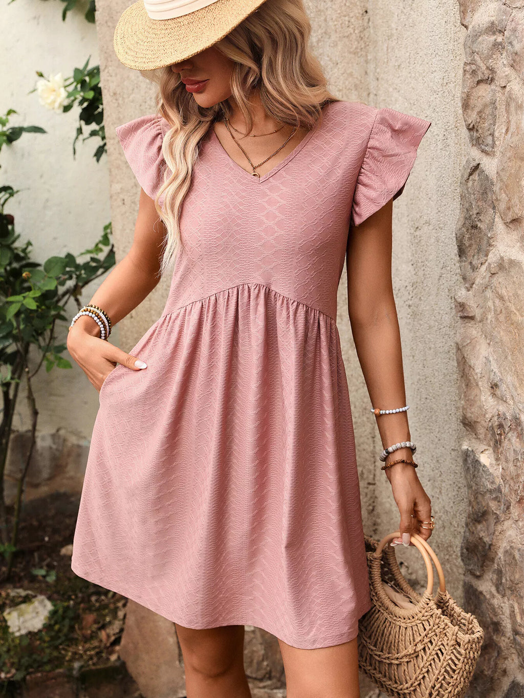 Ruffle Sleeve V-Neck A-Line Dress