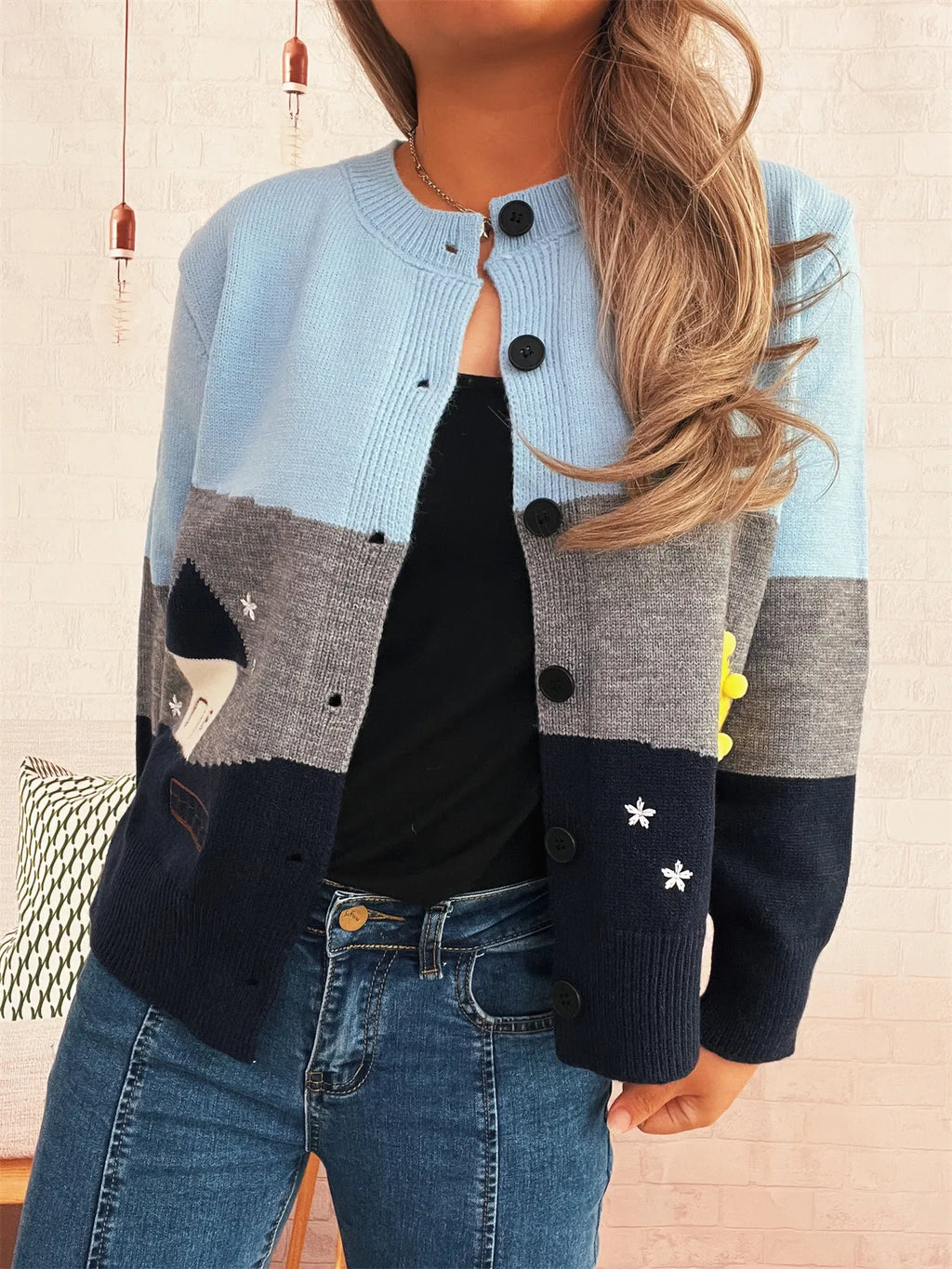Color Block Button-Up Cardigan