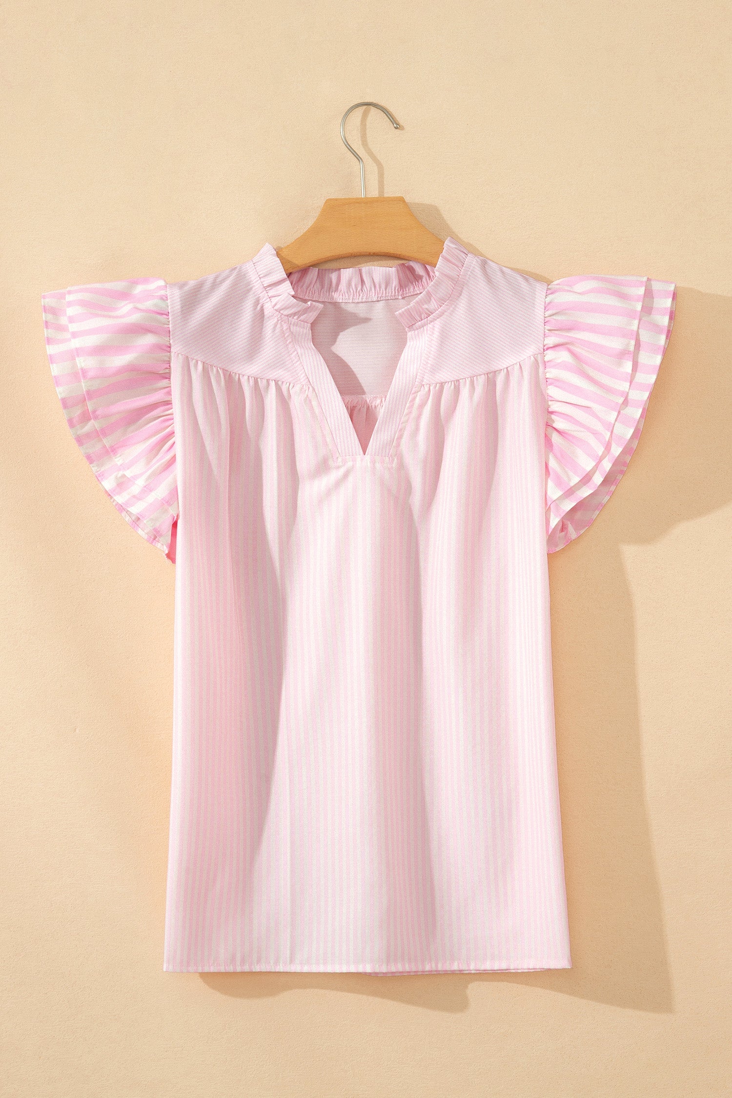 Stripe Contrast Trim V-Neck Flutter Sleeve Blouse