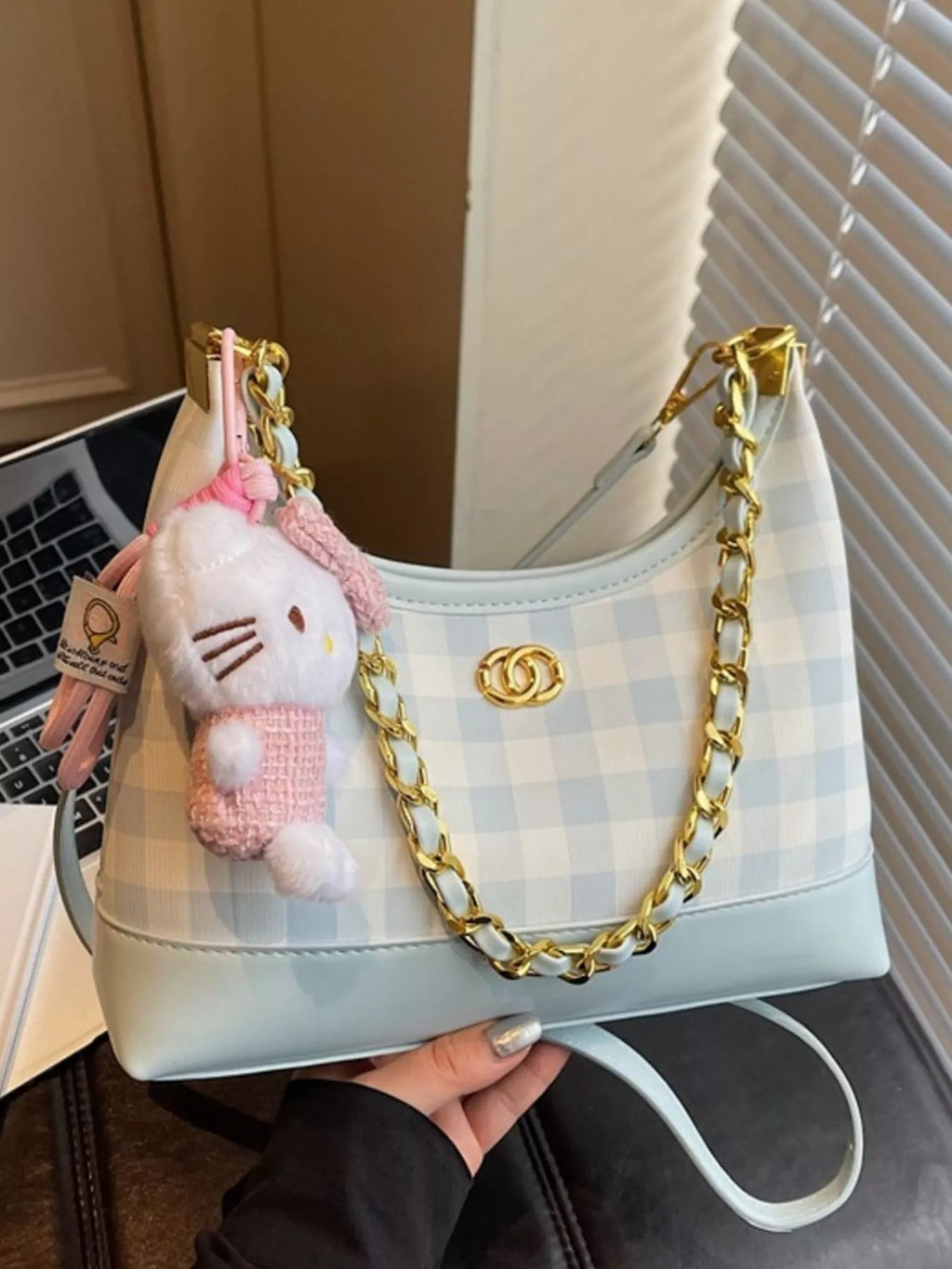 Plaid Pattern Chain Decor Shoulder Bag