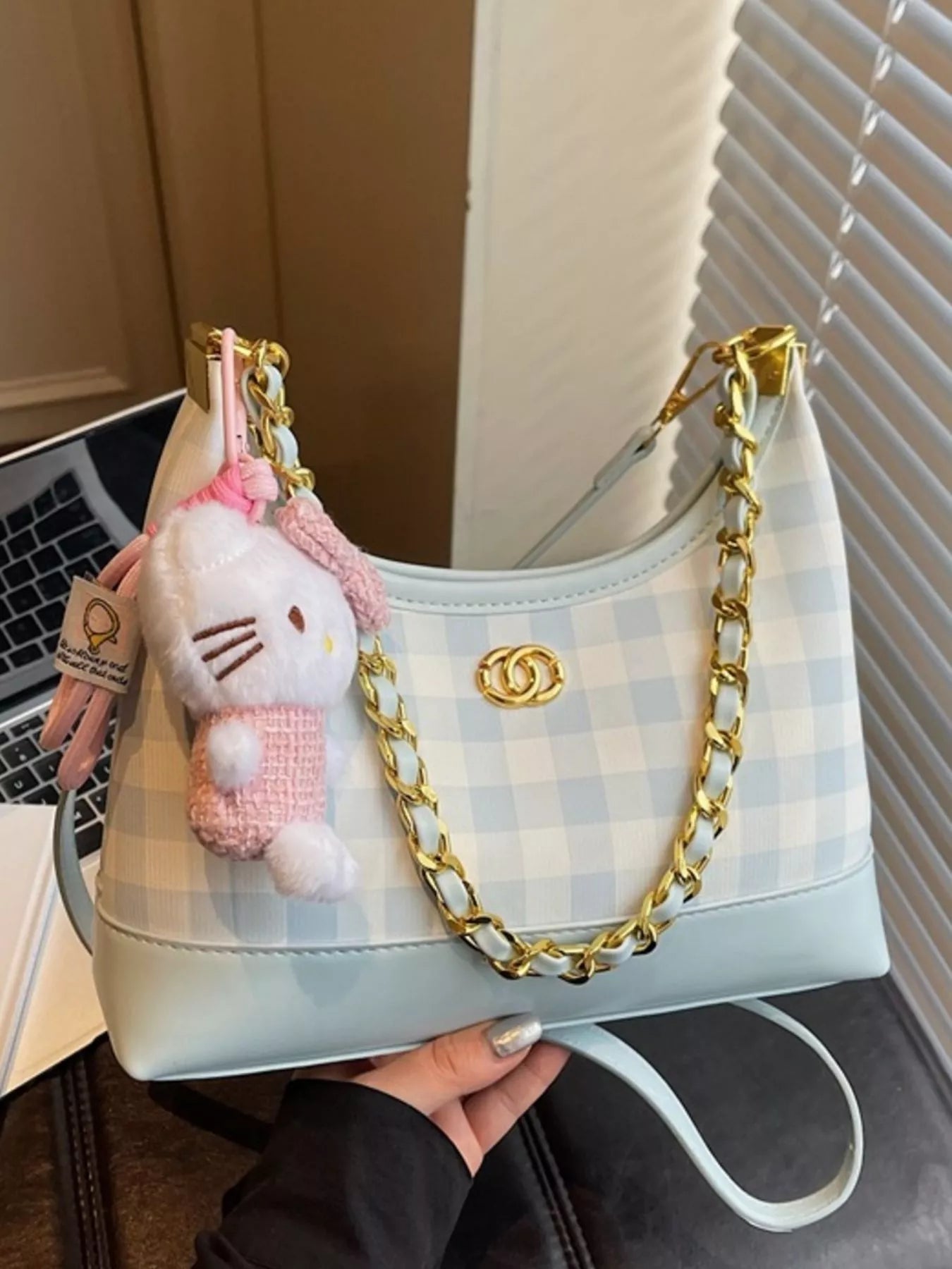Plaid Pattern Chain Decor Shoulder Bag