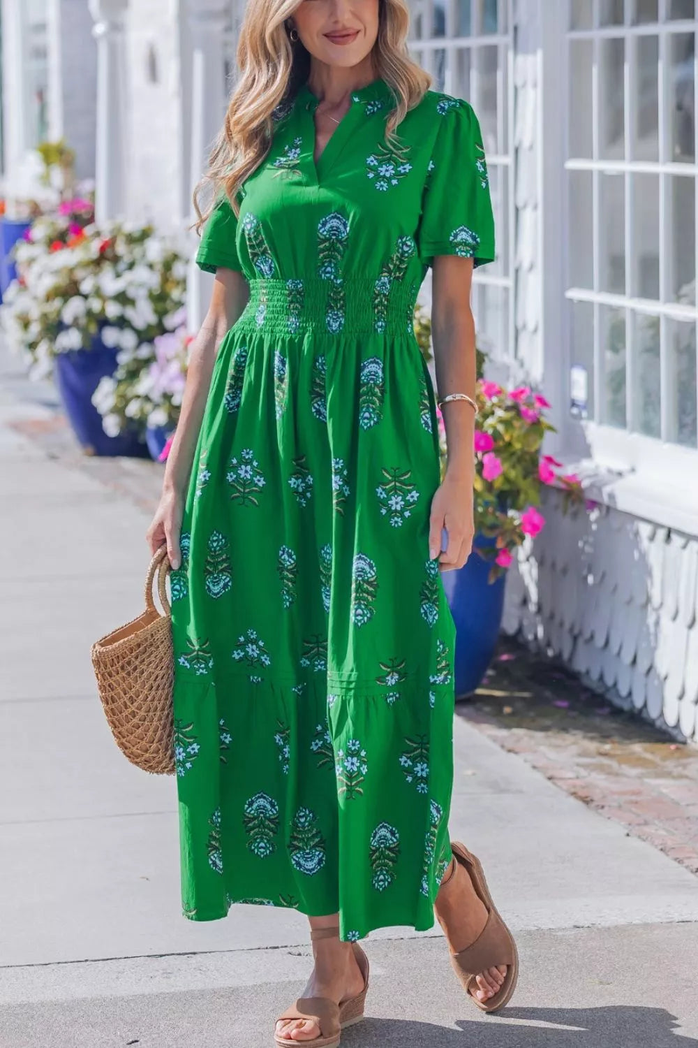 Floral Print Smocked Waist Maxi Dress