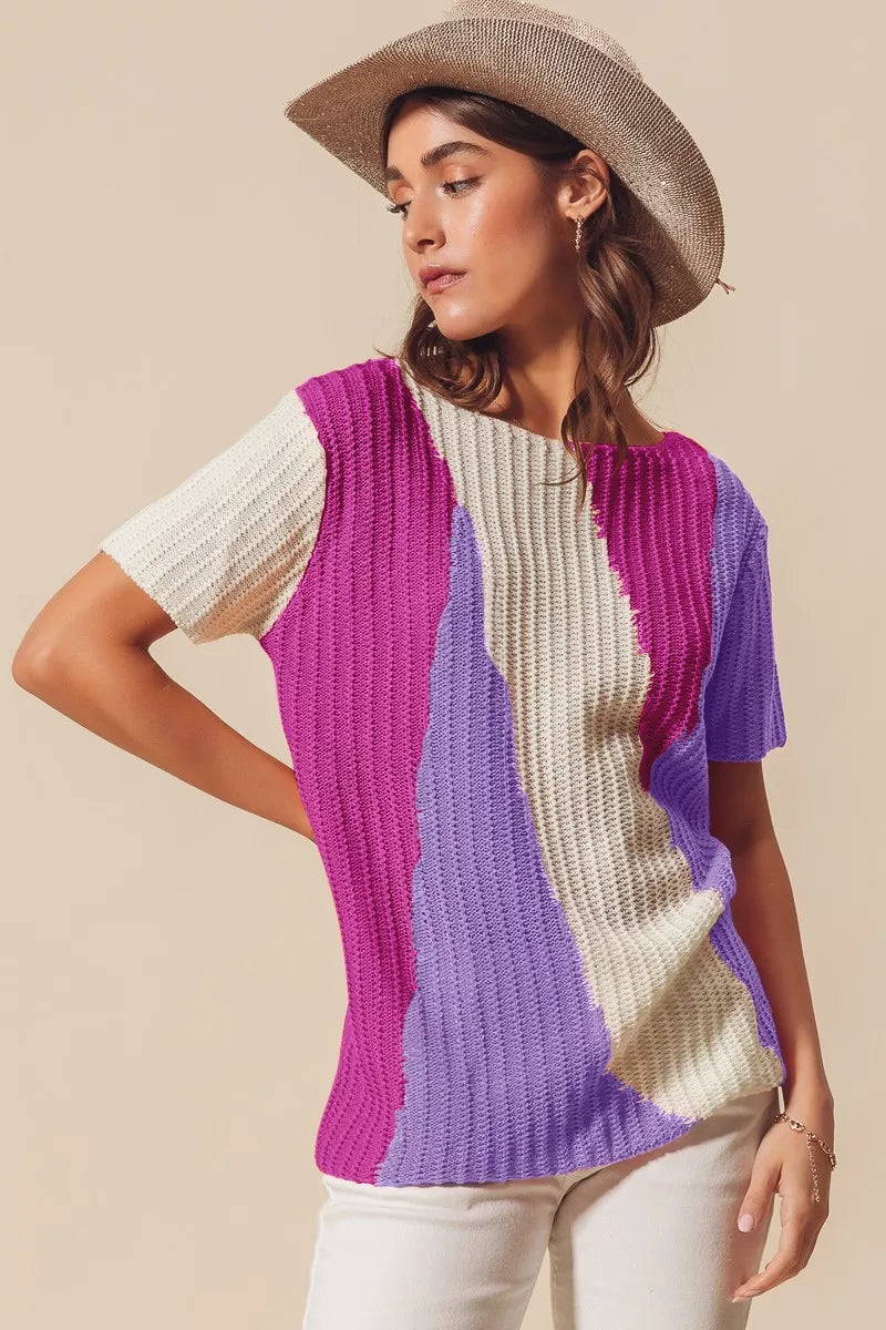 SO ME Boat Neck Multi Colored Lightweight Sweater Top