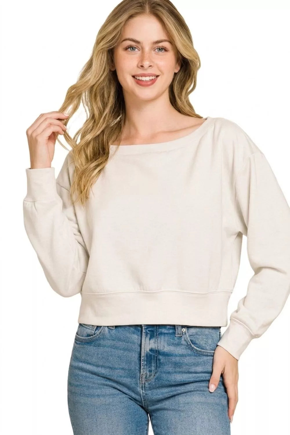 Zenana Scuba Cropped Boat Neck Pullover Sweatshirts