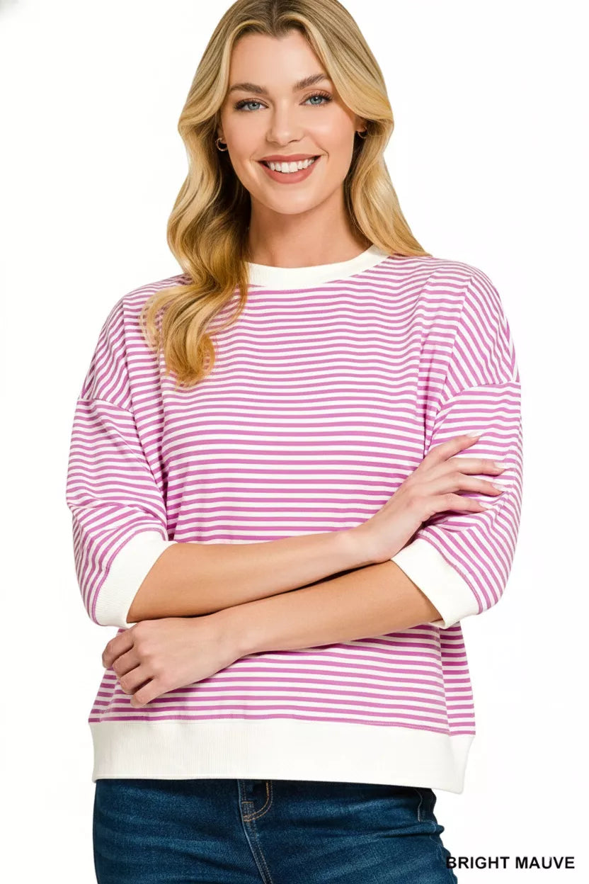Zenana Striped Contrast Trim Banded Bottom Top