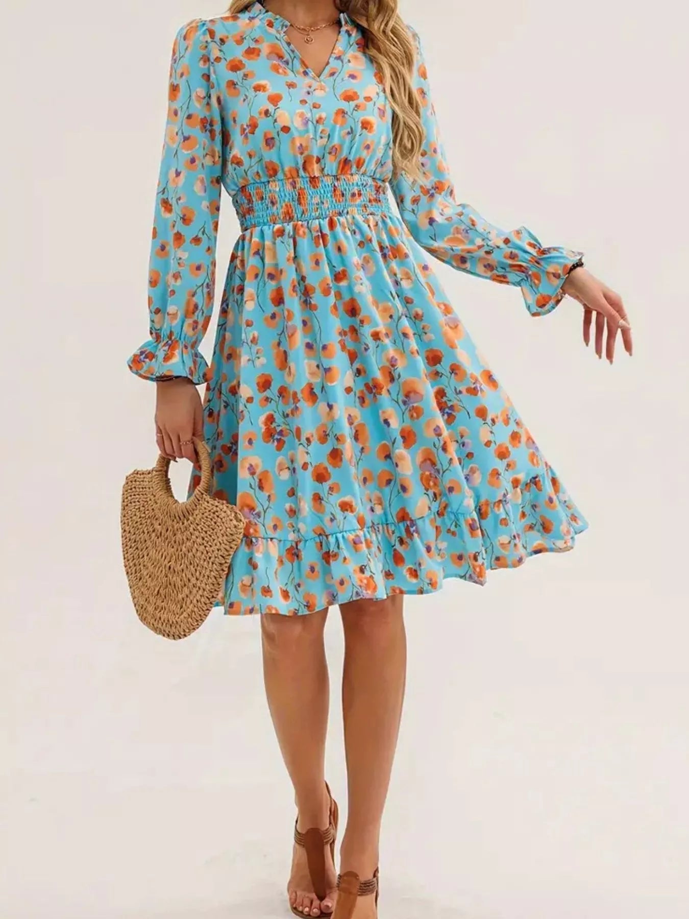 Floral Notched Flounce Sleeve Dress