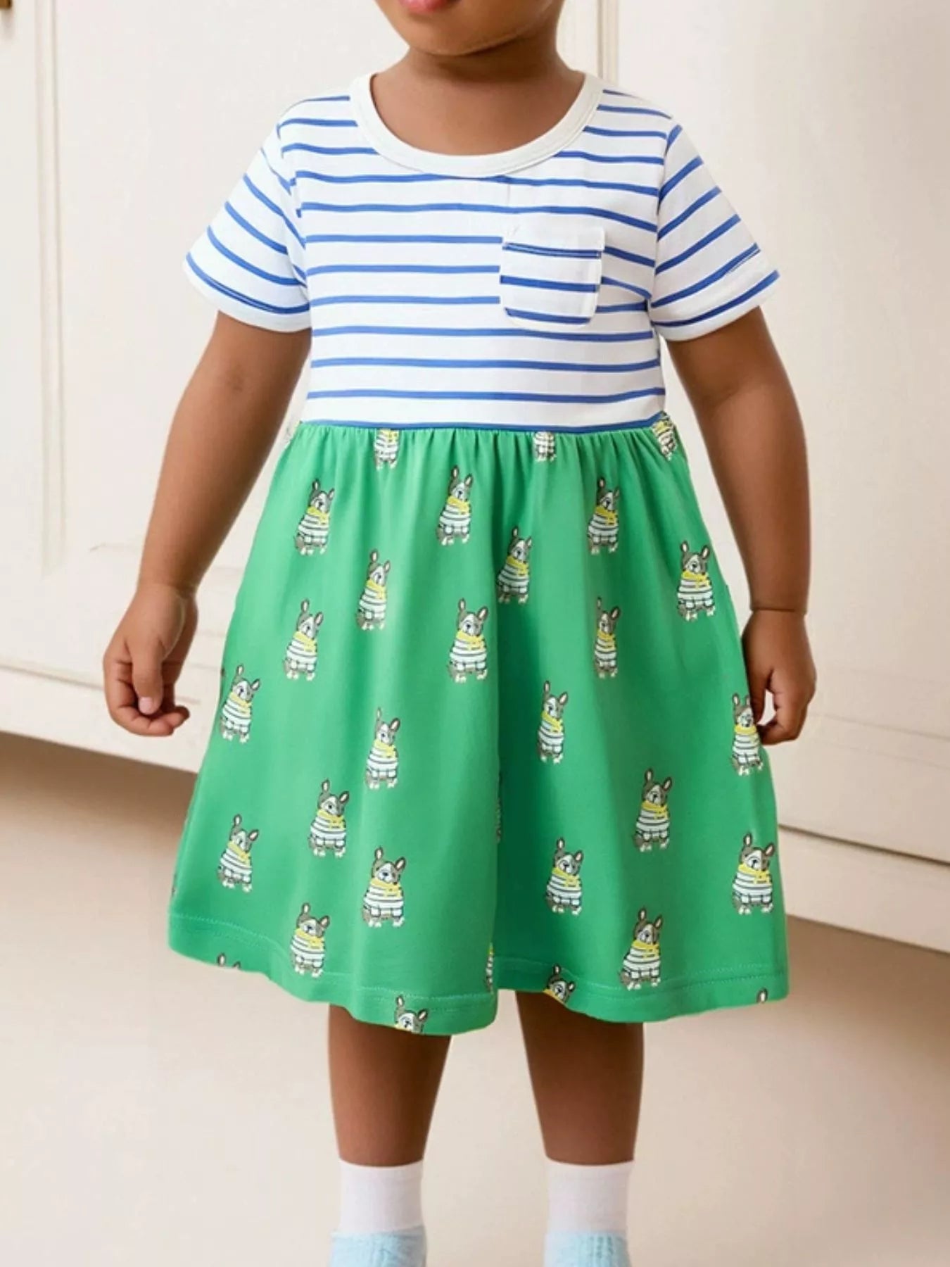 Children's Striped Dog Print Short Sleeve Dress