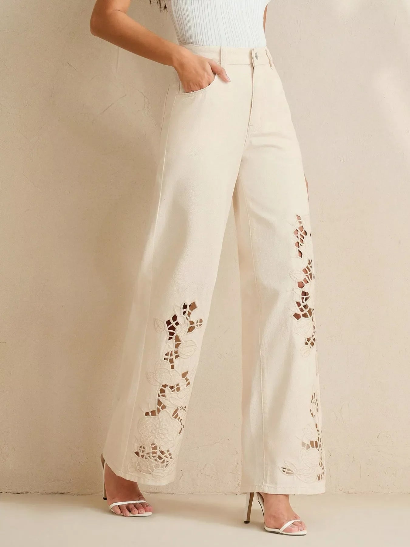 Cutout Embroidered Wide Leg Jeans