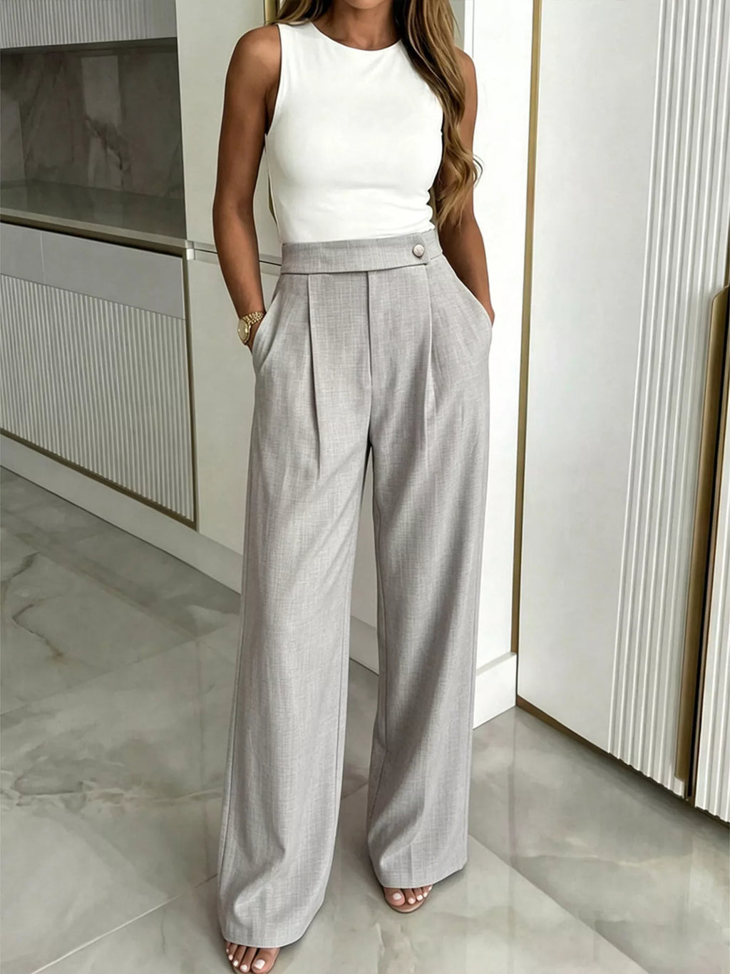 High-Waisted Wide-Leg Pleated Pants