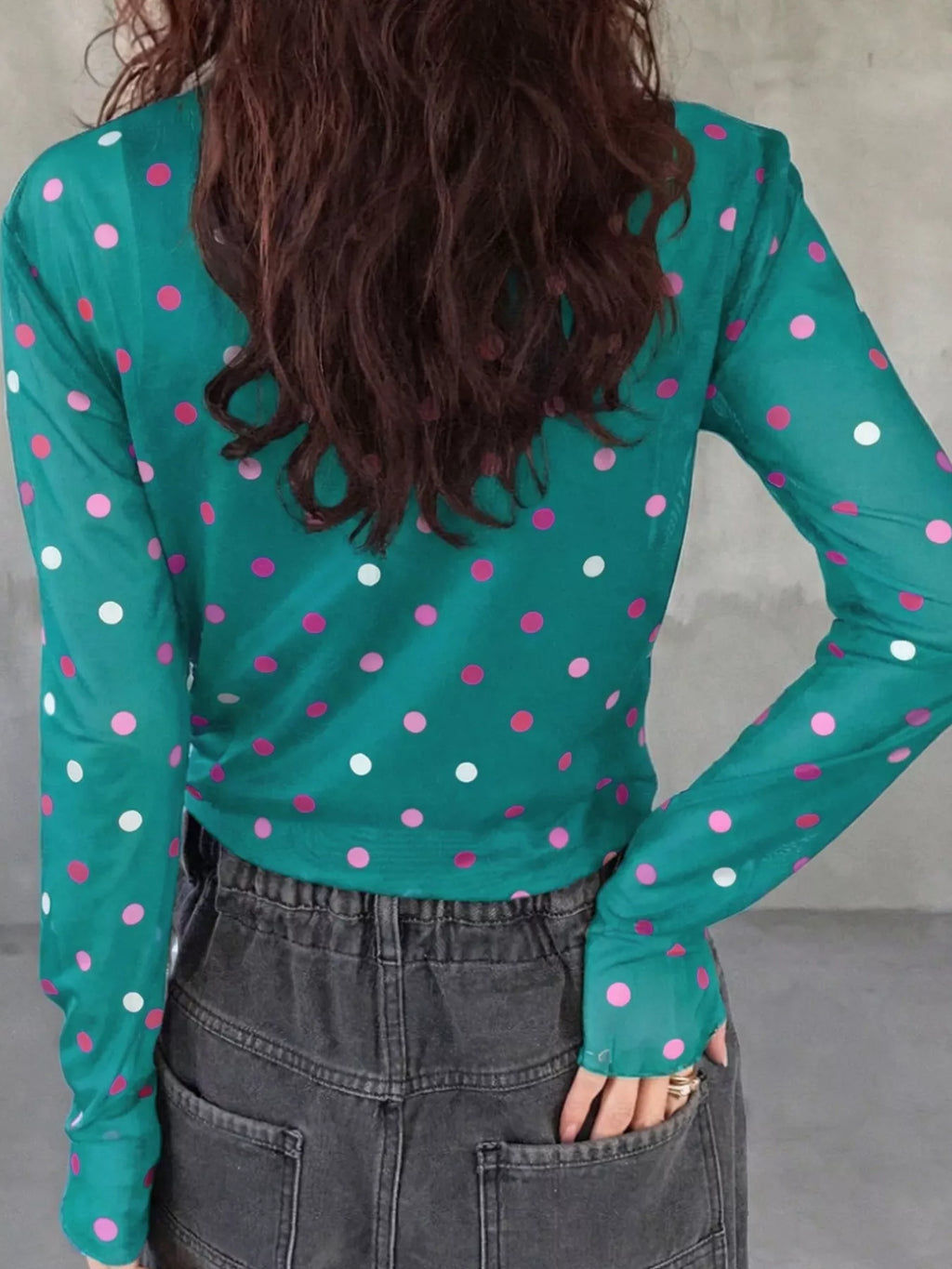 Polka Dot Patterned Bodycon Mock Neck Mesh Long Sleeve Top