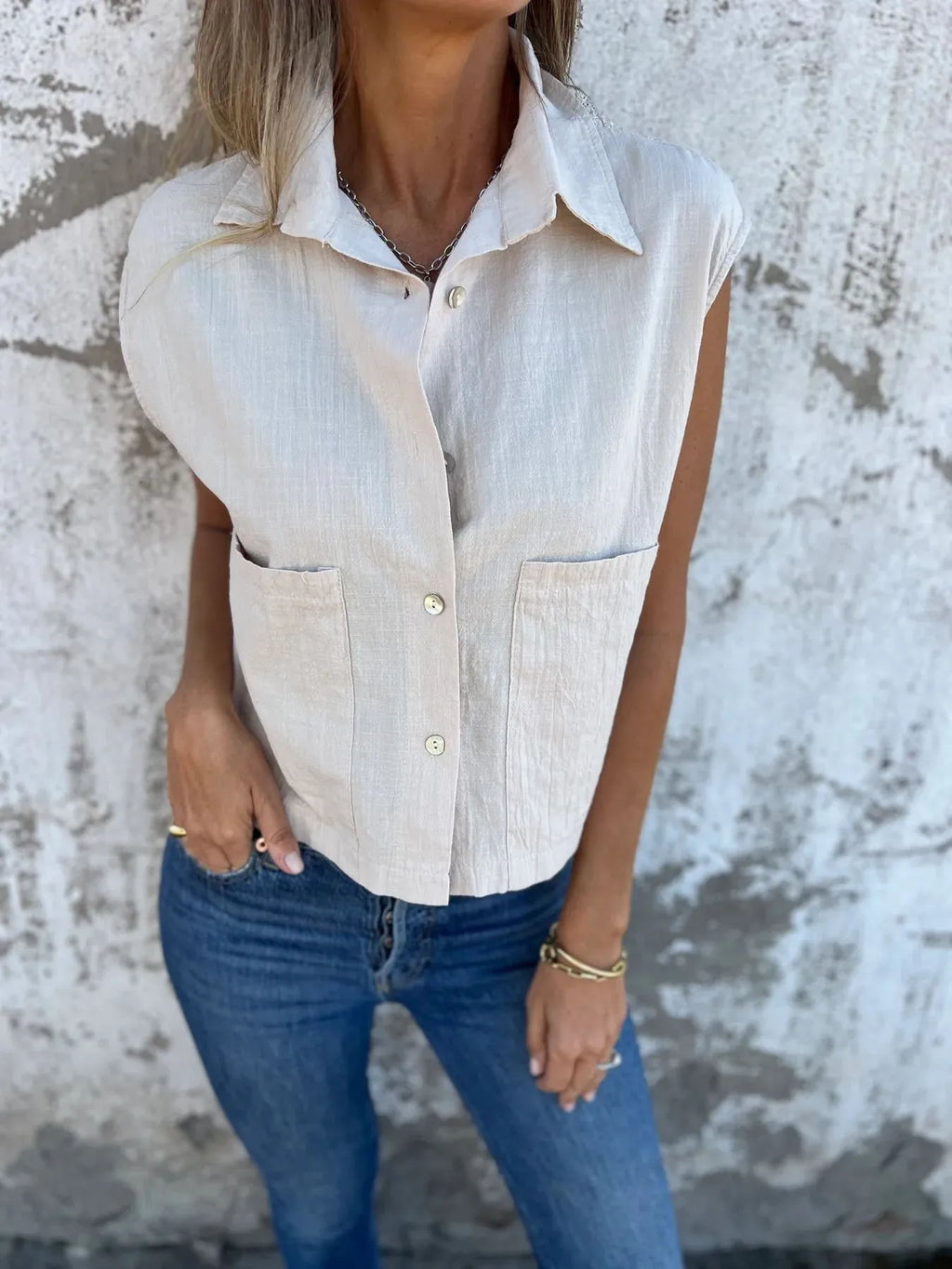 Full Size Textured Button-Front Sleeveless Shirt Plus Size