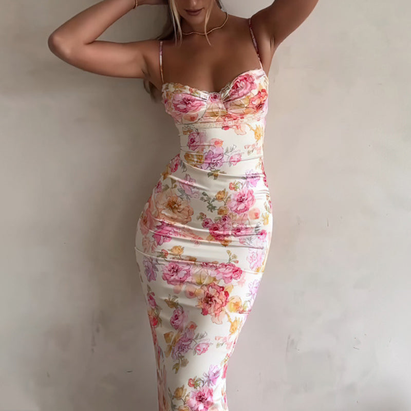 Women’s Floral Bodycon Maxi Dress – Sexy Spaghetti Strap Vacation & Summer Dress