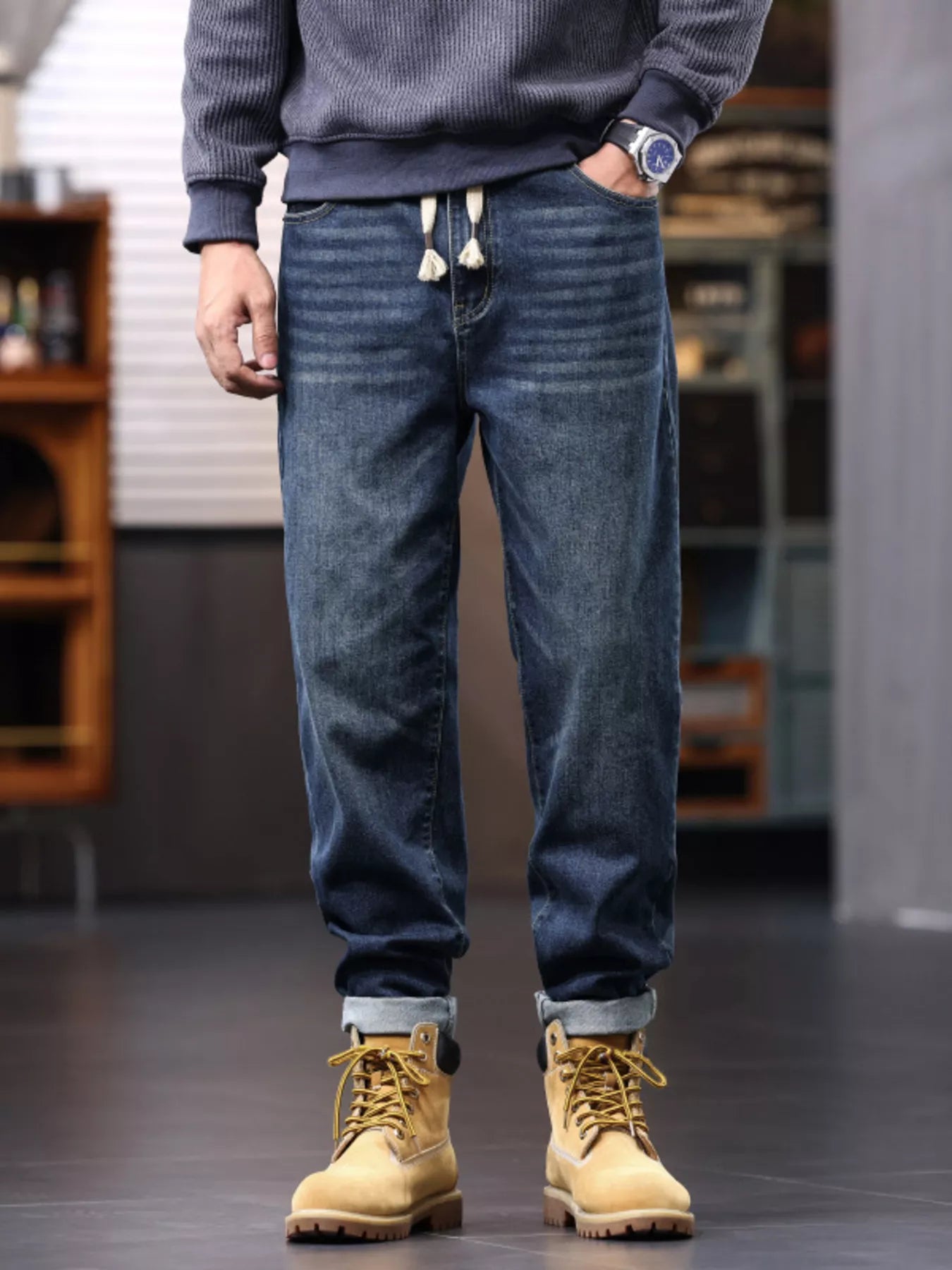 Men's Plus Size Drawstring Waist Relaxed Fit Jeans