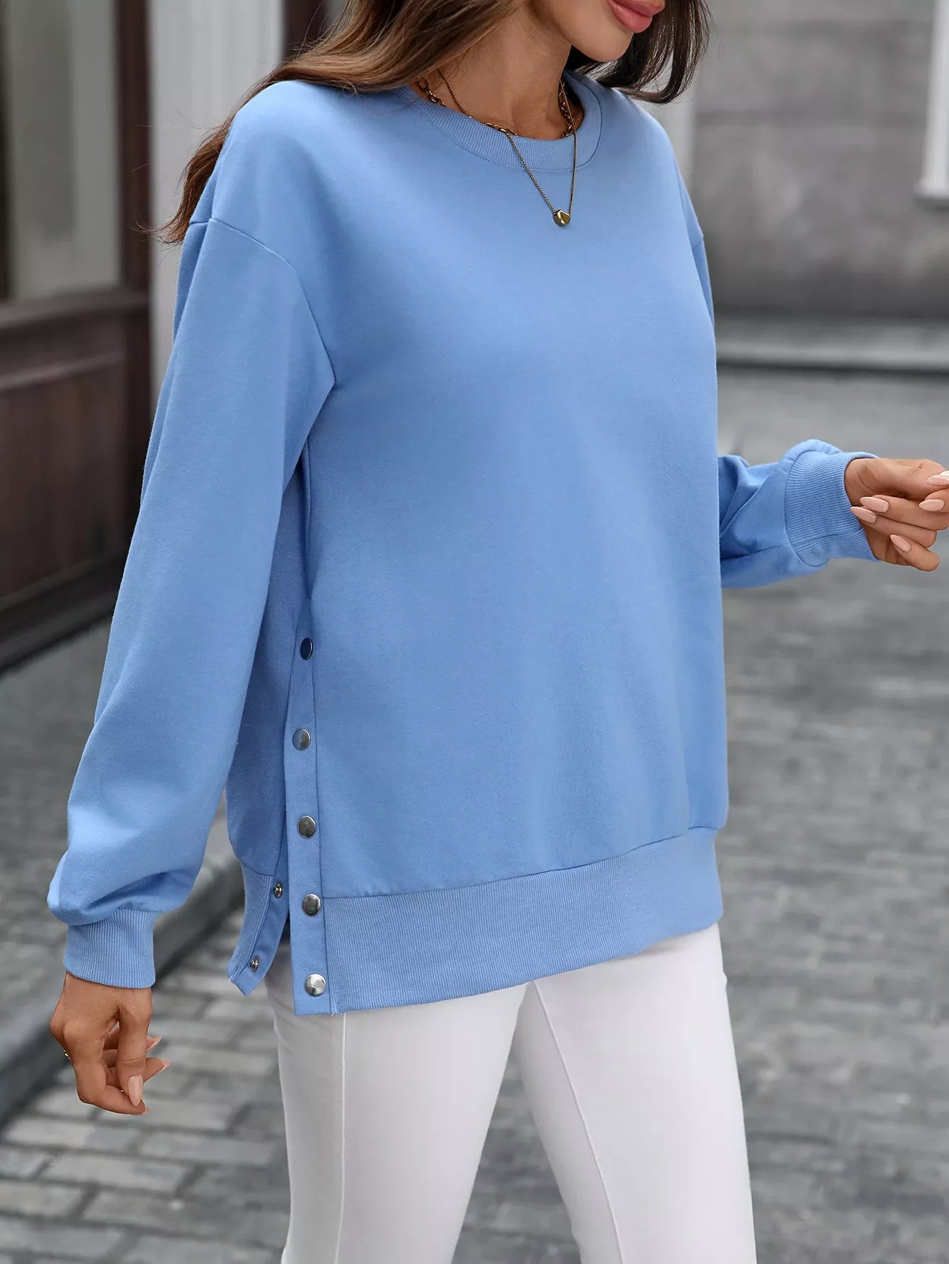 Side Snap Round Neck Sweatshirt