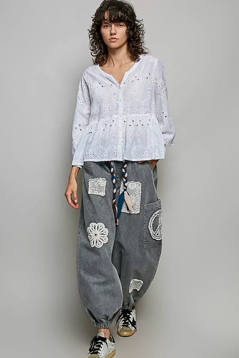 POL Eyelet Embroidery Peplum Button Front Cotton Shirt