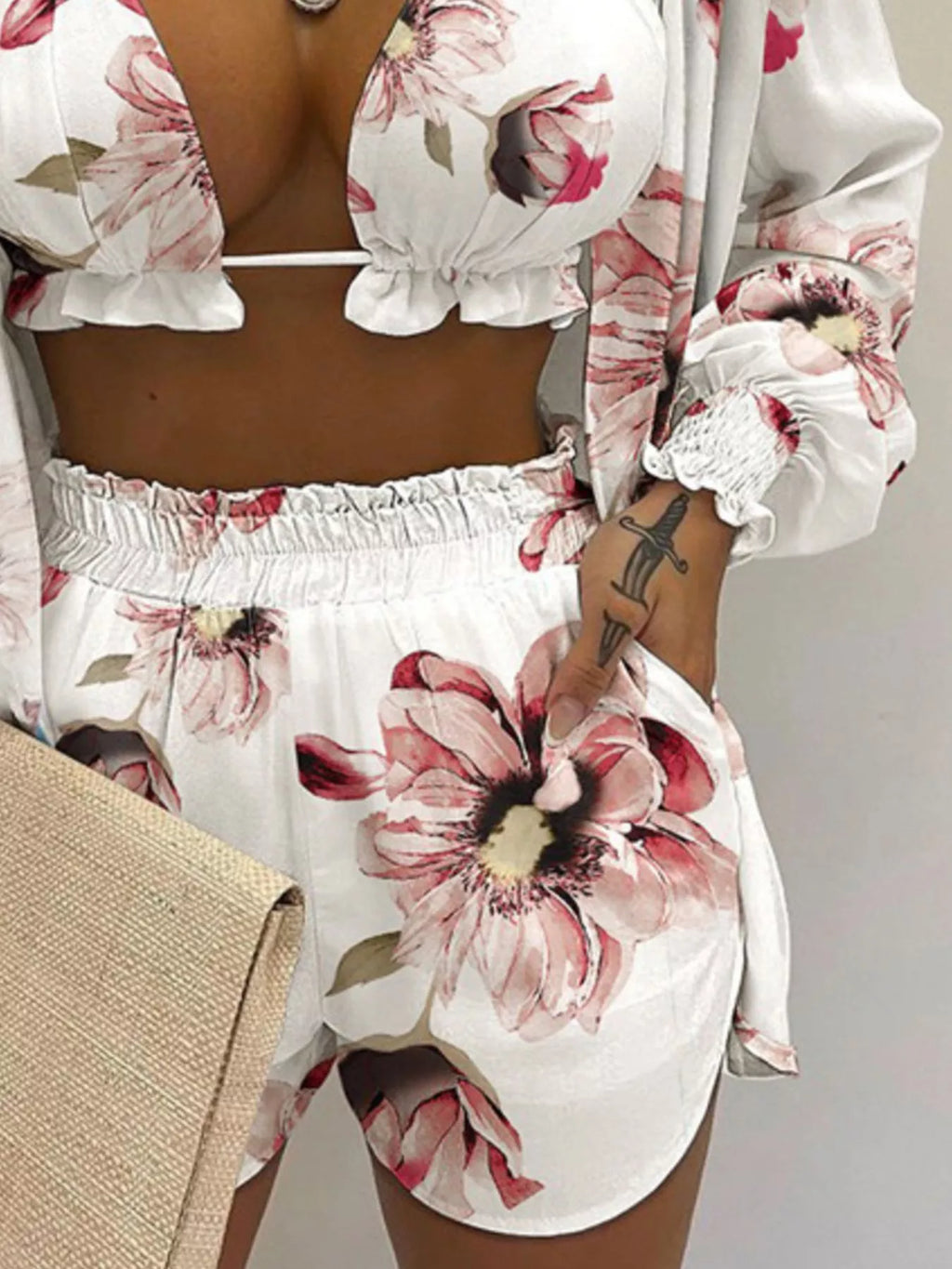 Full Size Halter Neck Cami & Shirt & Shorts 3-Piece Outfit Set Plus Size