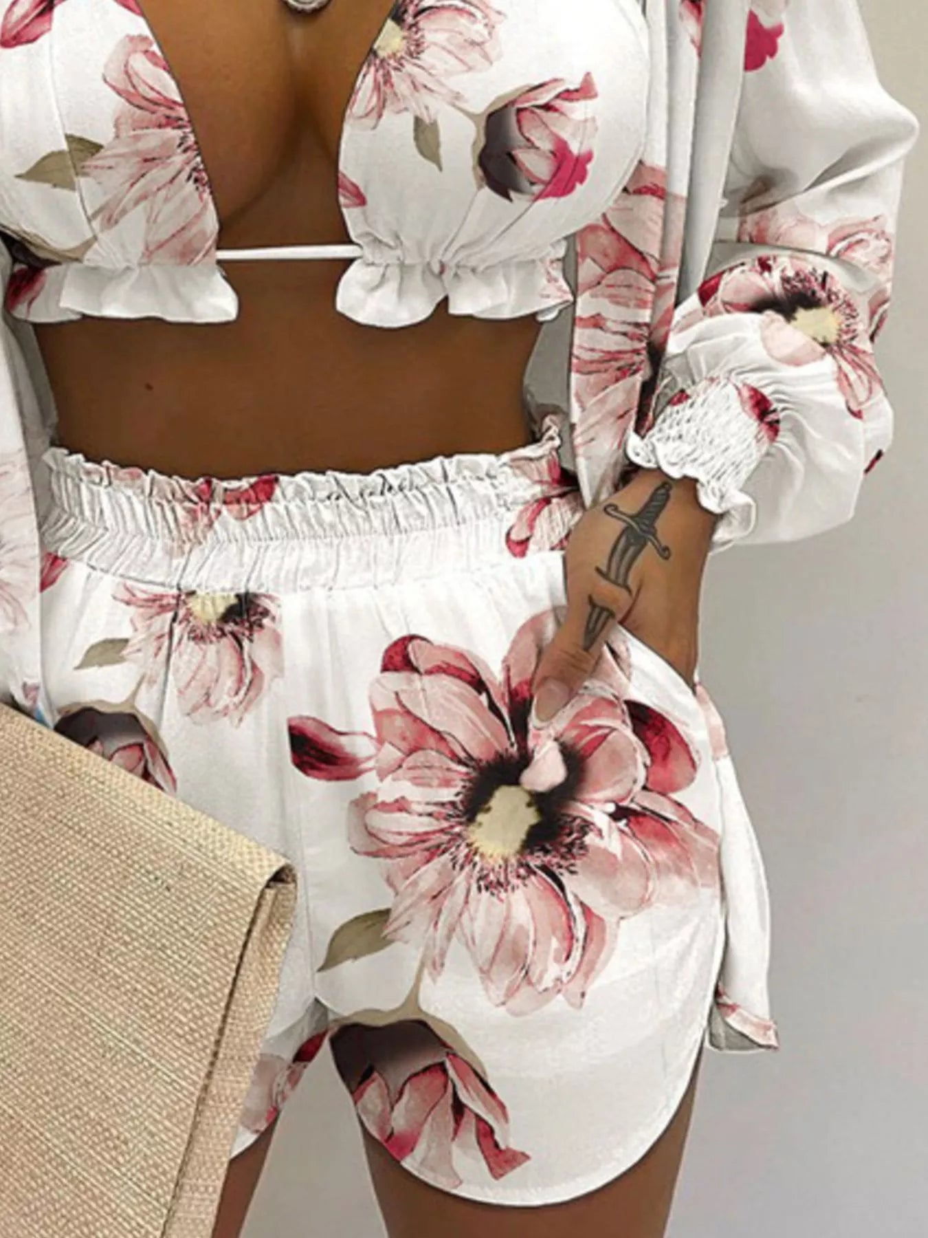 Full Size Halter Neck Cami & Shirt & Shorts 3-Piece Outfit Set Plus Size