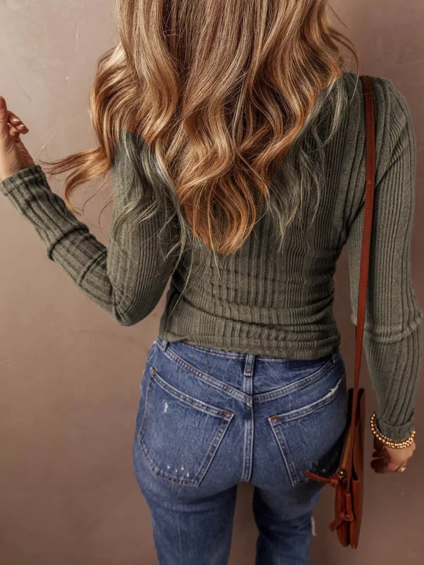 Full Size Ribbed Knit Button-Front Long Sleeve Top Plus Size