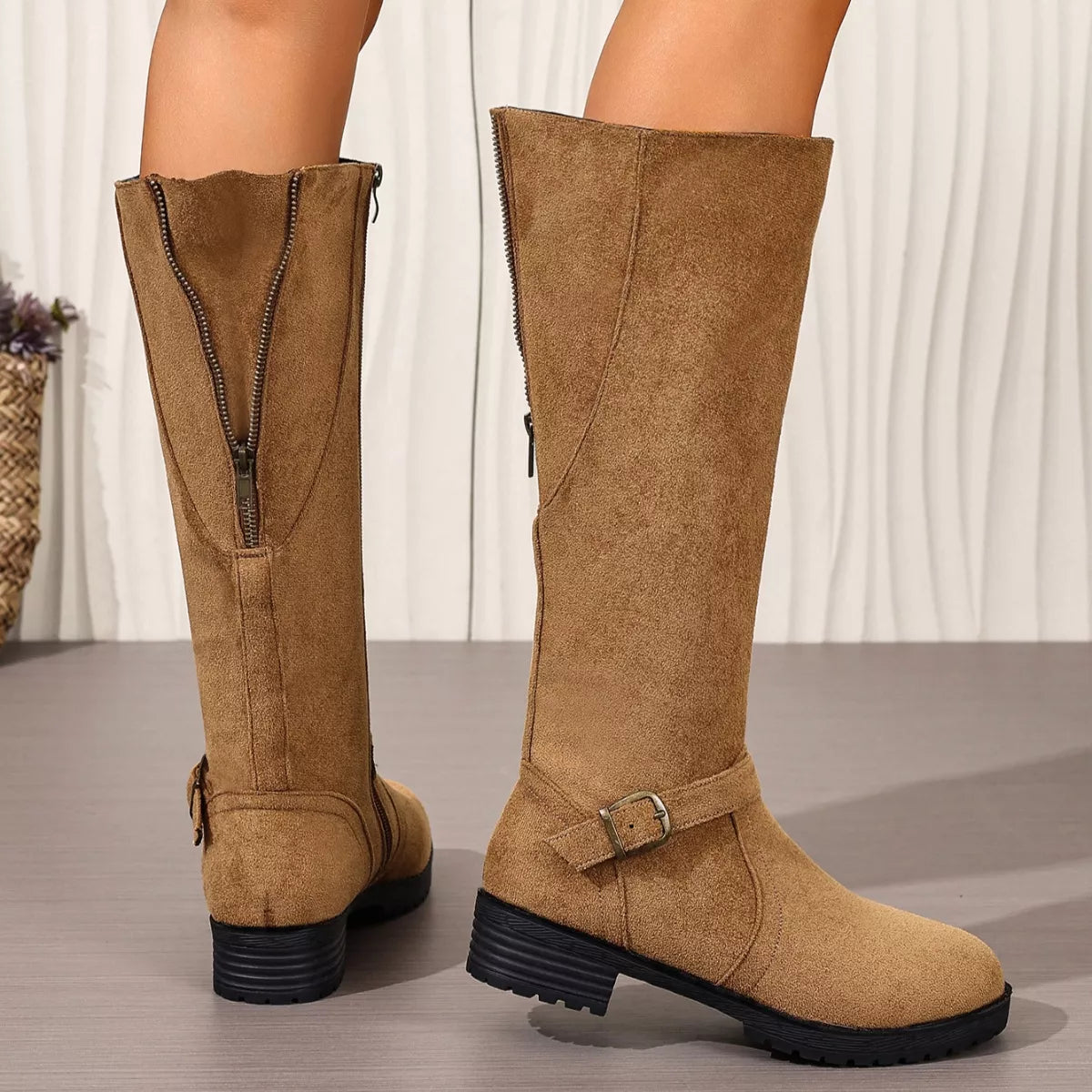 Knee-High Suede Buckle Accent Boots