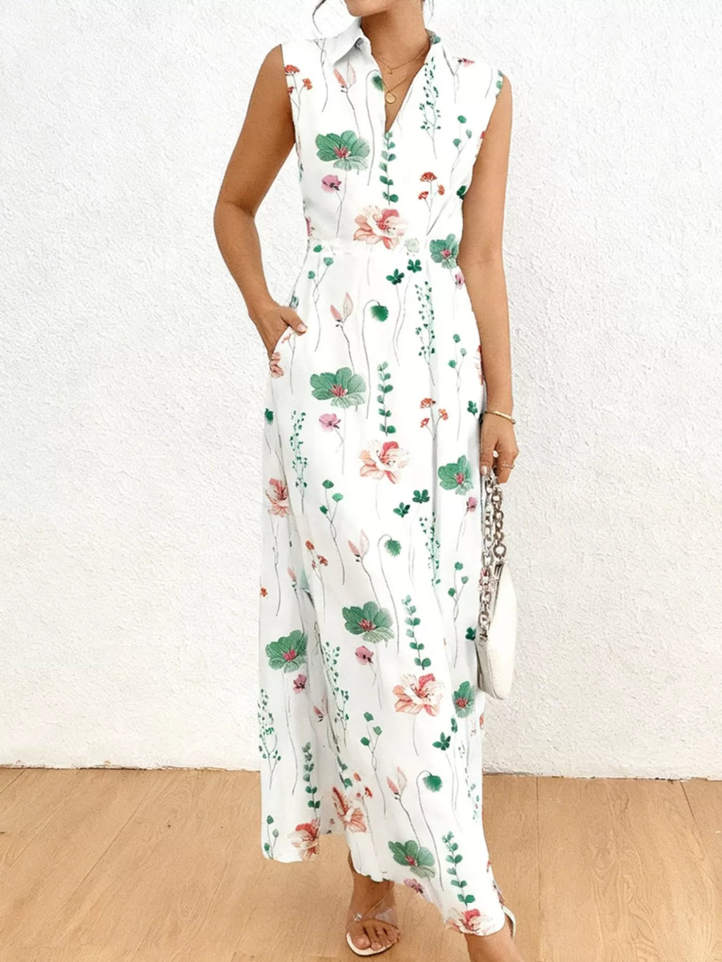 Floral Print Sleeveless Maxi Shirt Dress