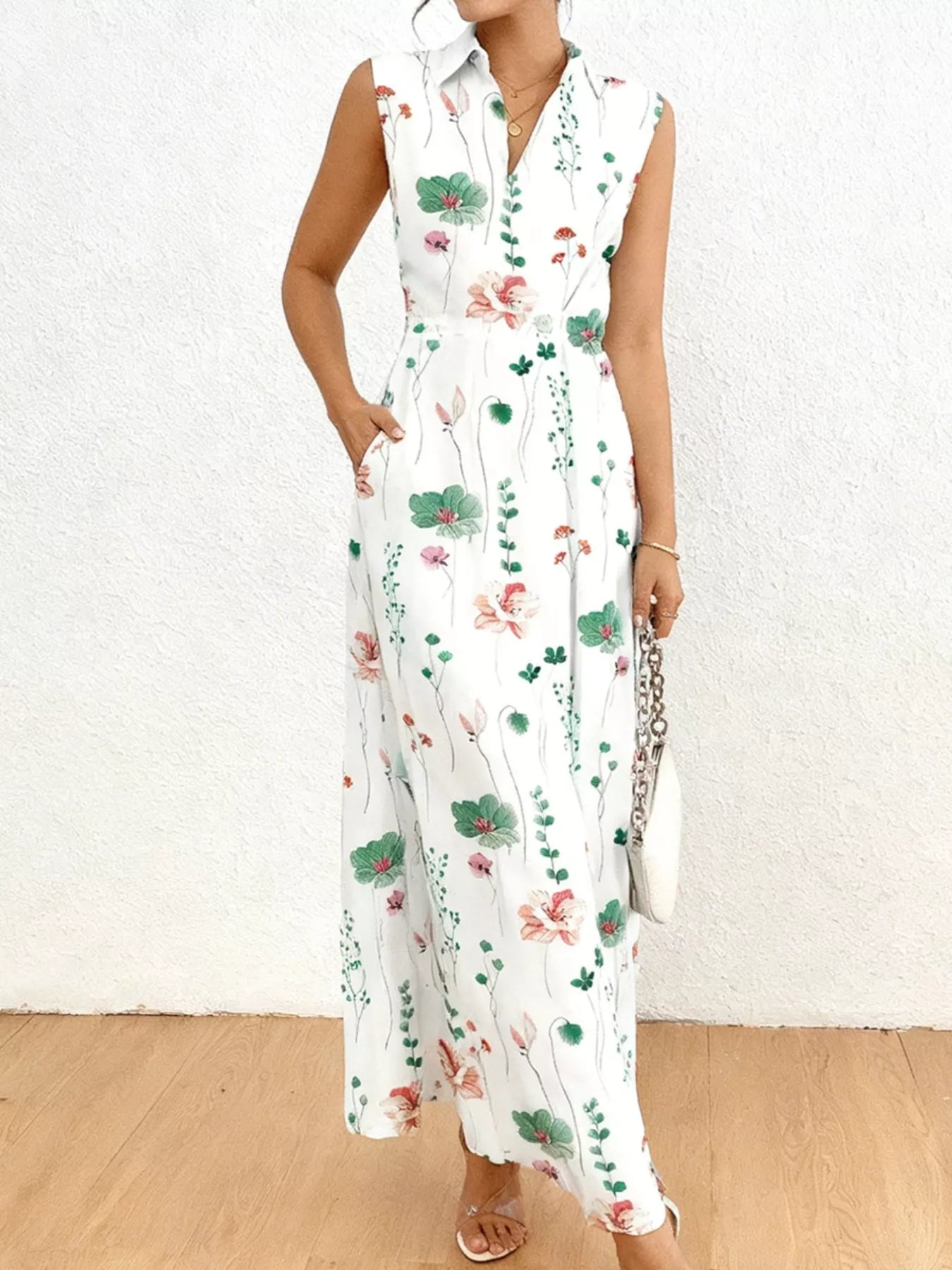 Floral Print Sleeveless Maxi Shirt Dress