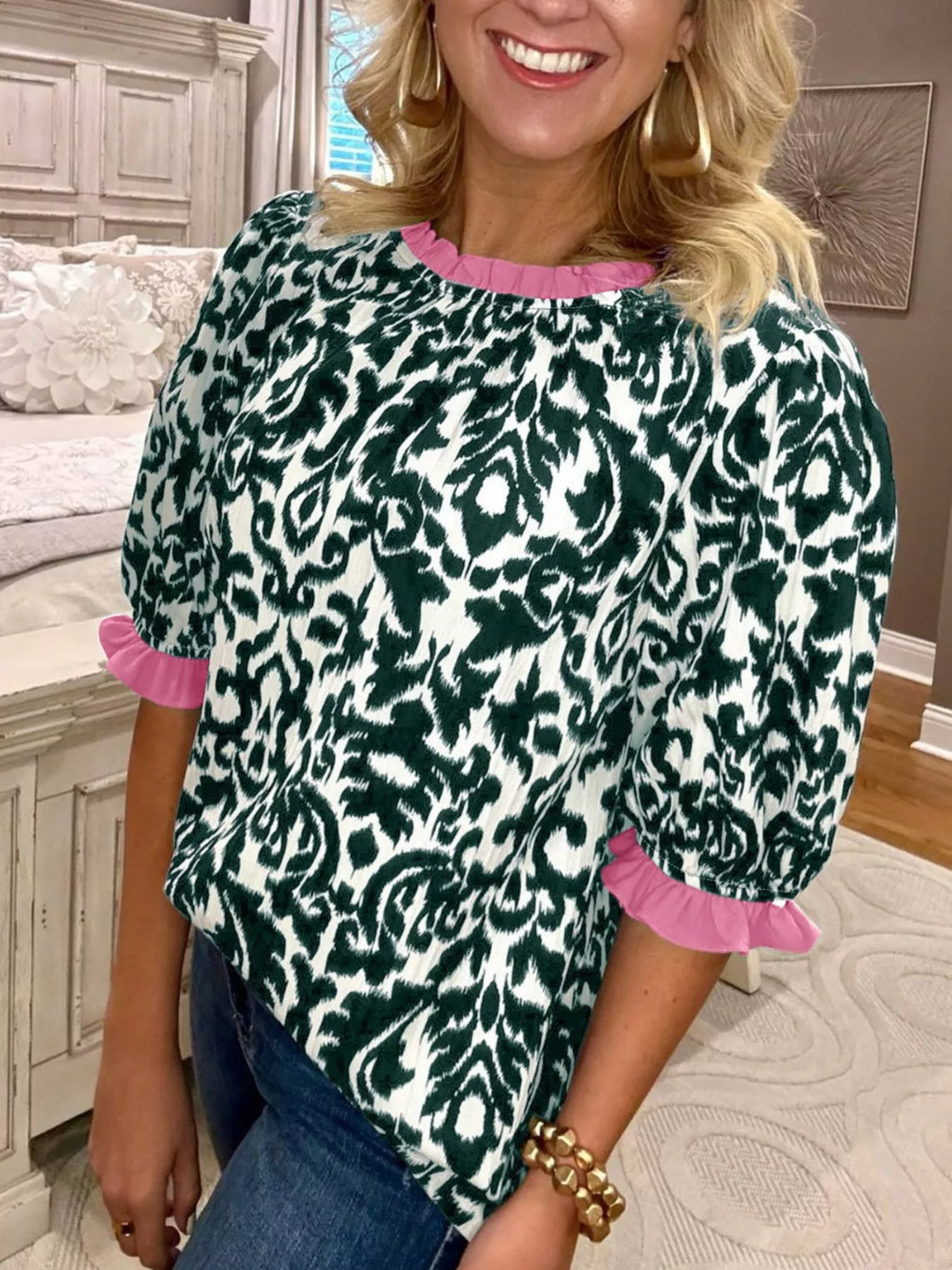 Damask Print Ruffled Color Block Detail Half Sleeve Blouse