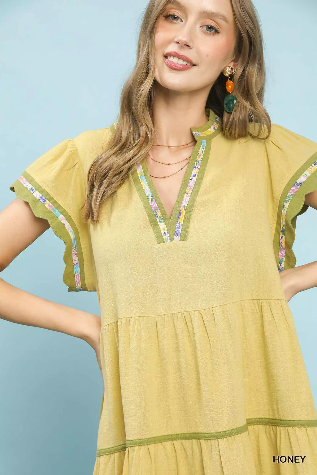 Umgee Linen Tiered Flutter Sleeve Dress with Floral Trim
