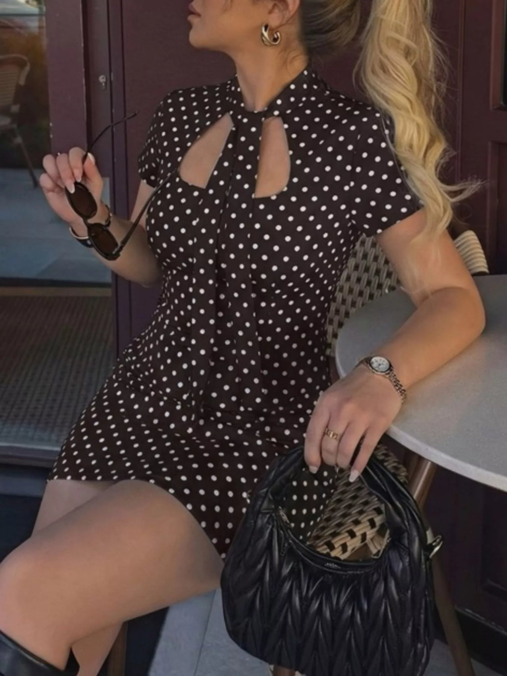 Polka Dot Cut-Out Front Mini Dress