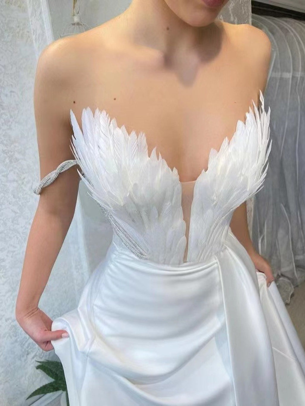 Feather Embellished Slit Maxi Dress