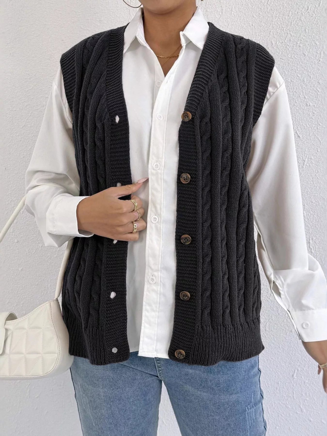 Cable-Knit Button-Up Sweater Vest