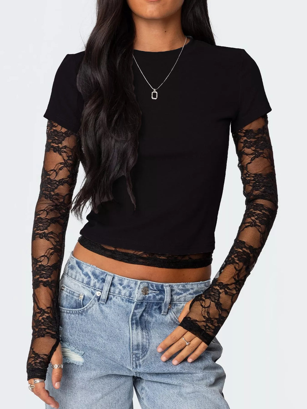 Cropped T-Shirt with Sheer Lace Sleeves